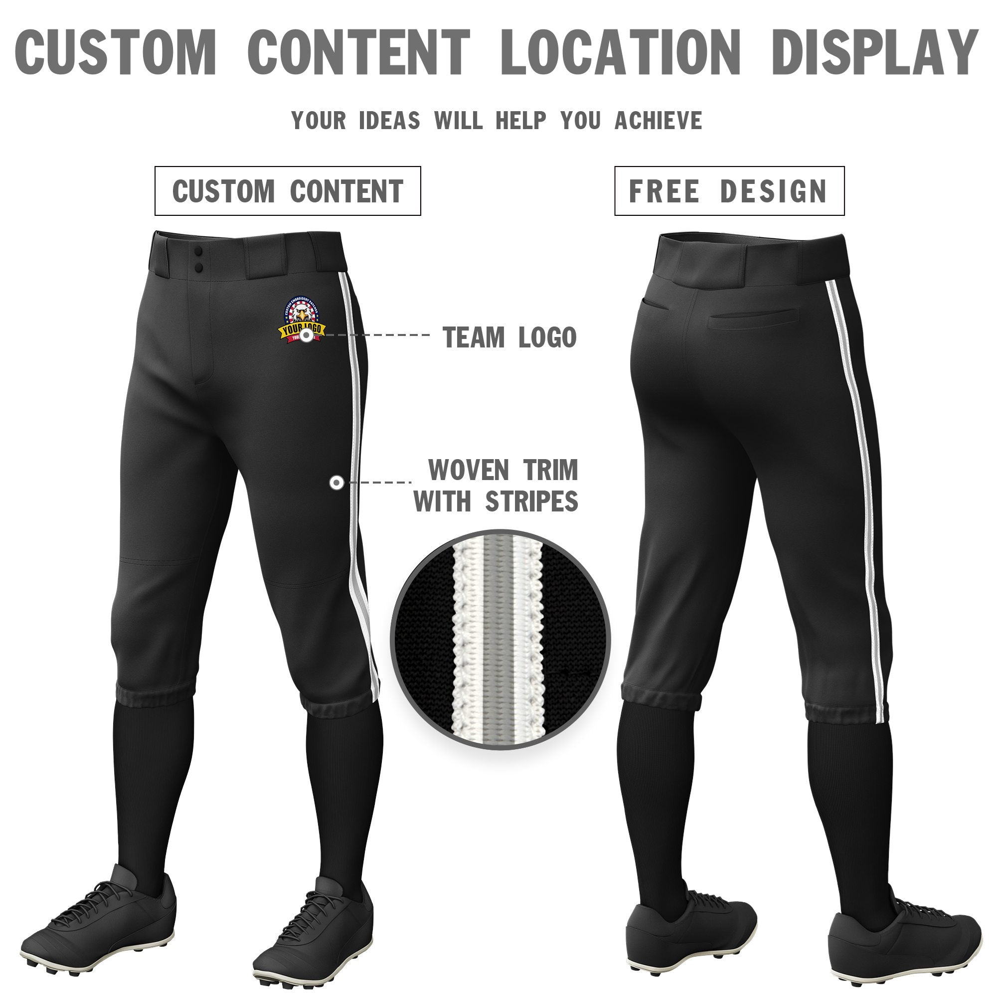 Custom Black White-Gray-White Classic Fit Stretch Practice Knickers Baseball Pants