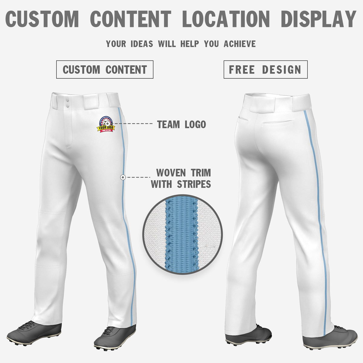 Custom White Light Blue Classic Fit Stretch Practice Loose-fit Baseball Pants