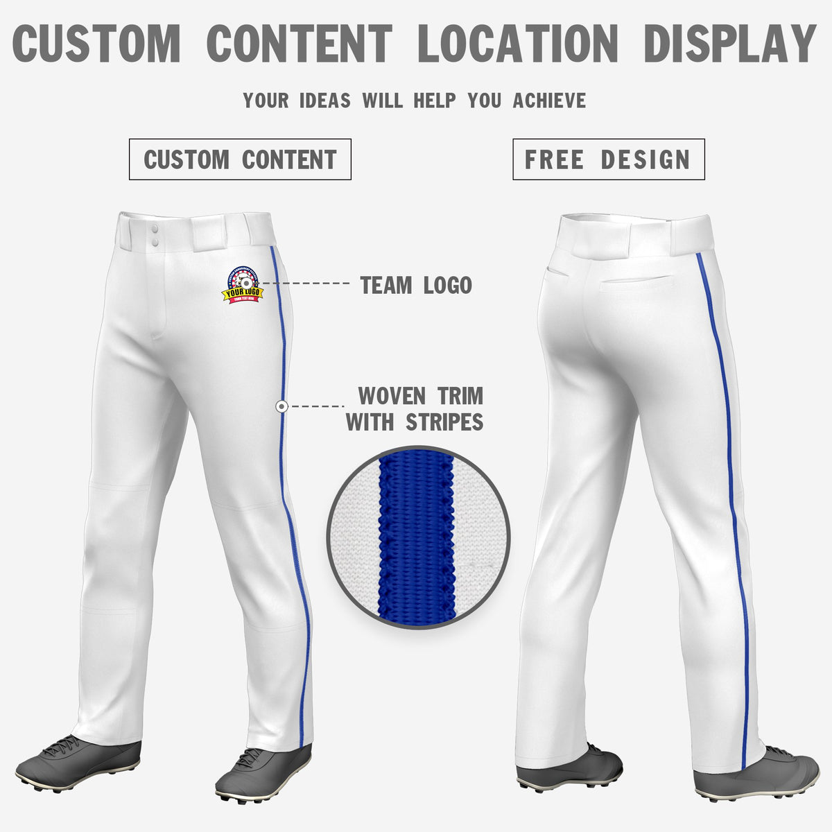 Custom White Royal Blue Classic Fit Stretch Practice Loose-fit Baseball Pants
