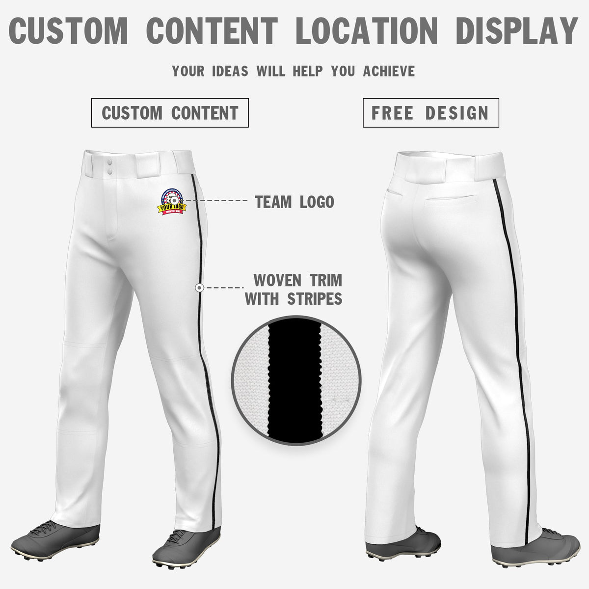 Custom White Black Classic Fit Stretch Practice Loose-fit Baseball Pants