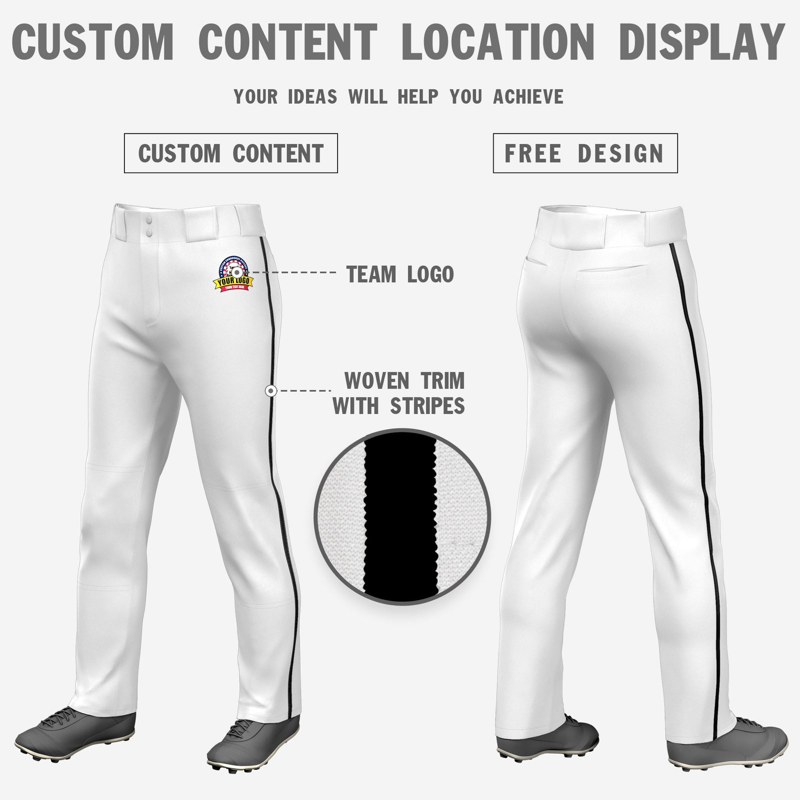 Custom White Black Classic Fit Stretch Practice Loose-fit Baseball Pants