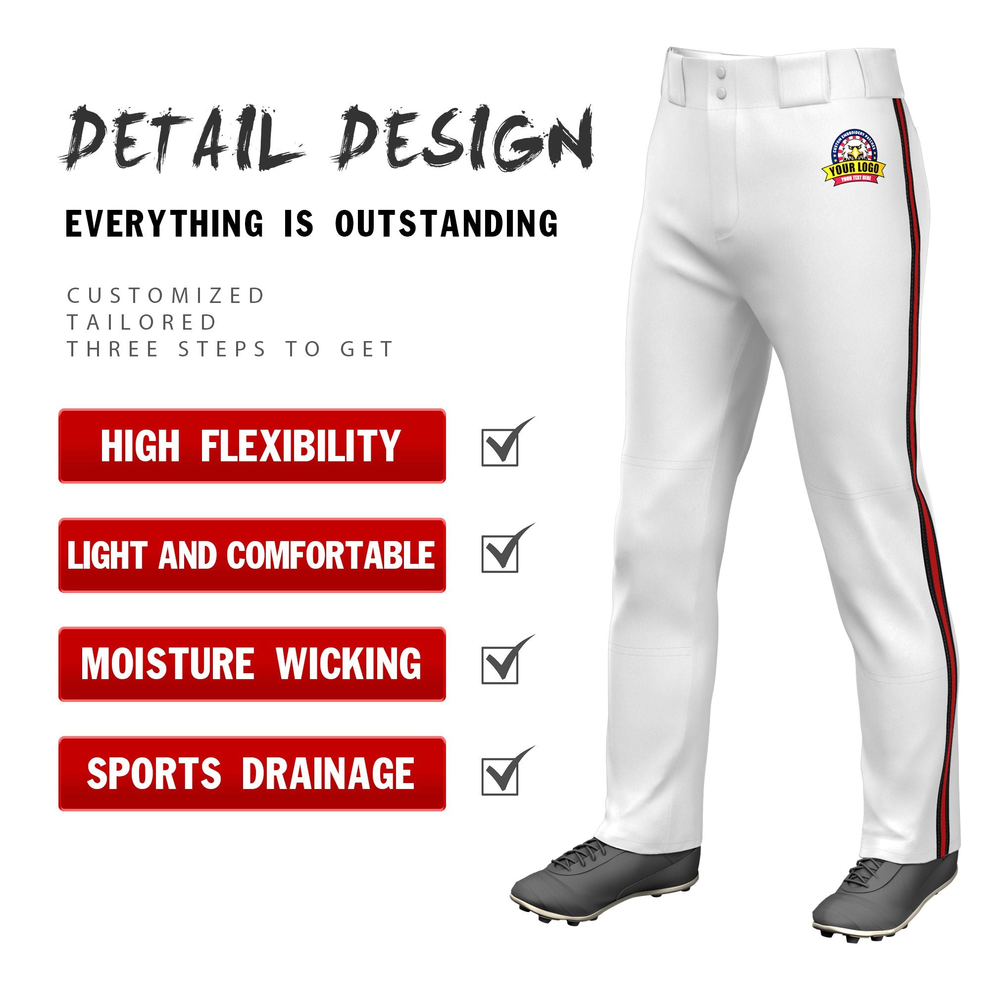 Custom White Black-Red-Black Classic Fit Stretch Practice Loose-fit Baseball Pants