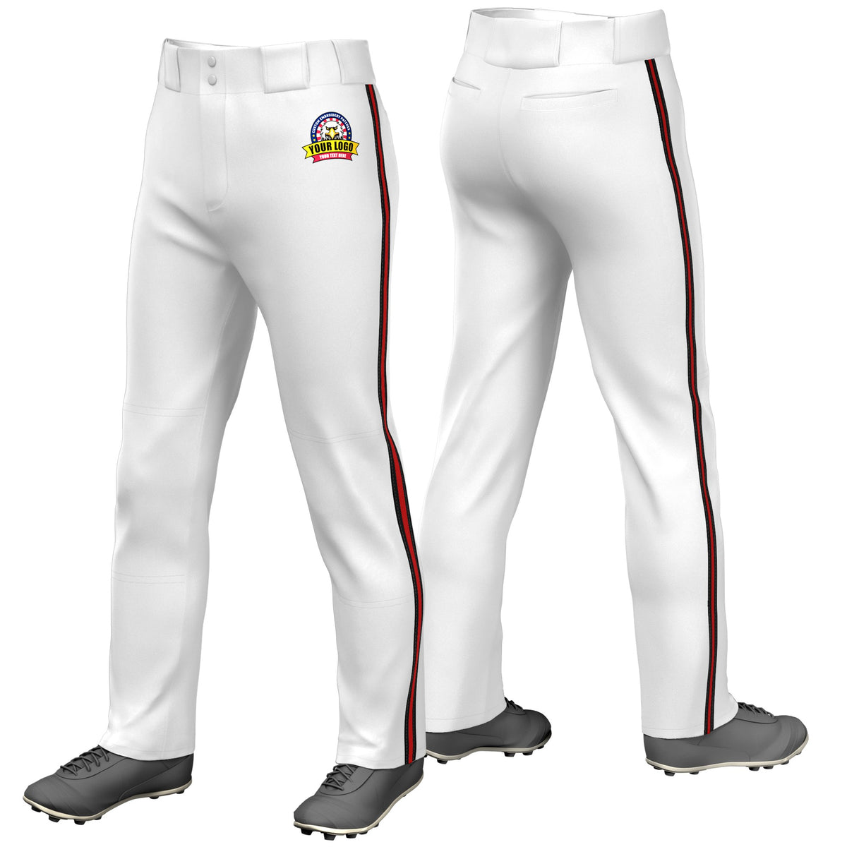 Custom White Black-Red-Black Classic Fit Stretch Practice Loose-fit Baseball Pants