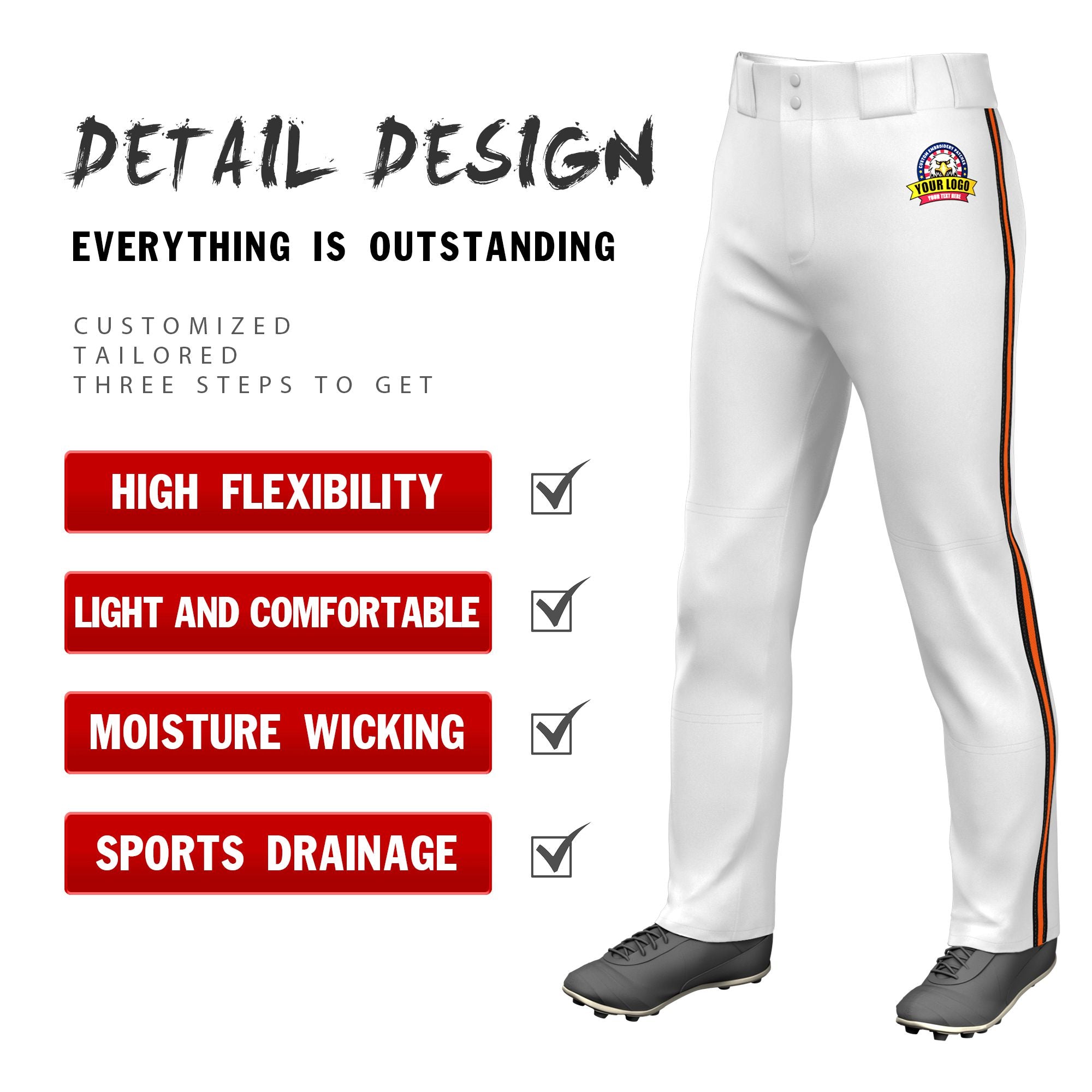 Custom White Black-Orange-Black Classic Fit Stretch Practice Loose-fit Baseball Pants