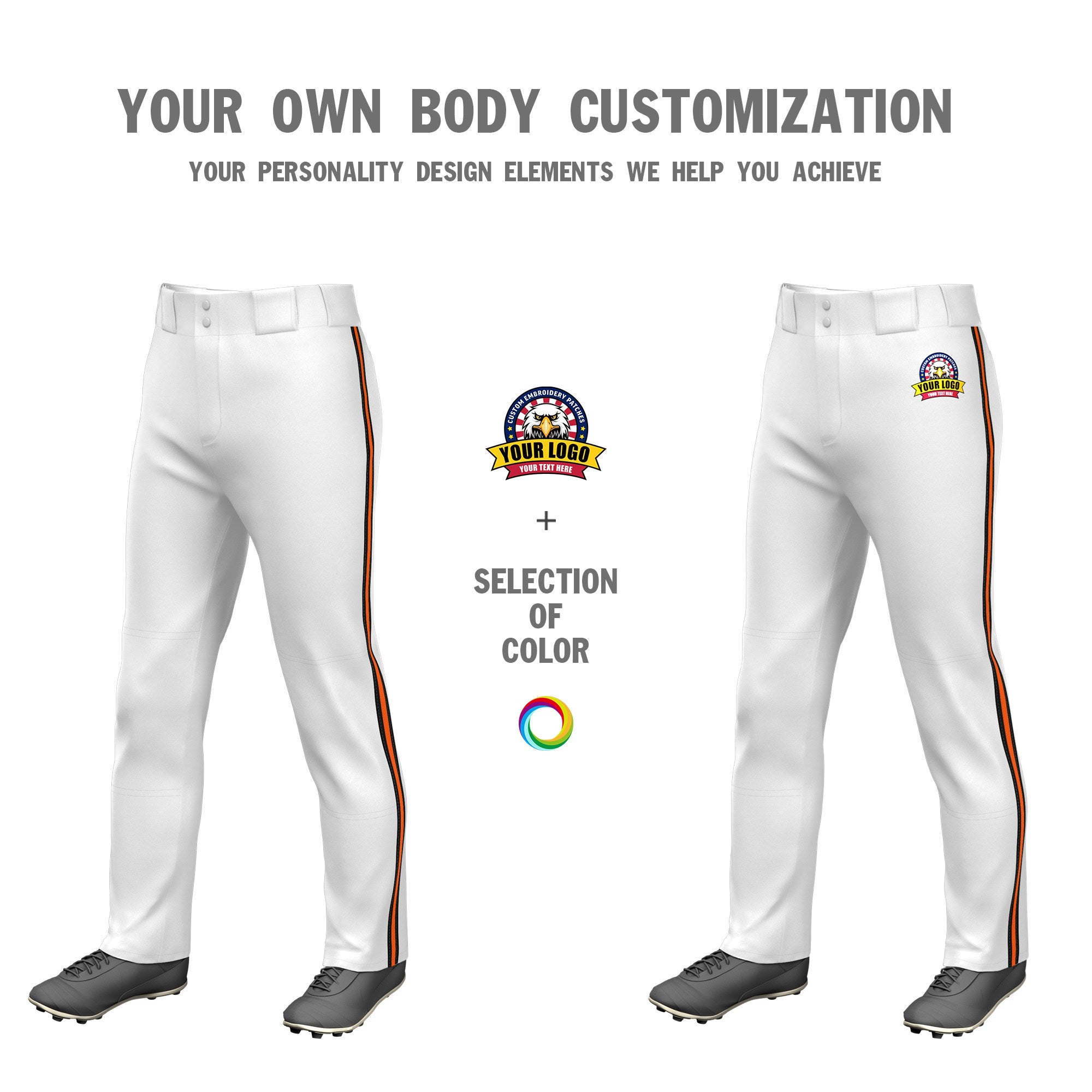 Custom White Black-Orange-Black Classic Fit Stretch Practice Loose-fit Baseball Pants