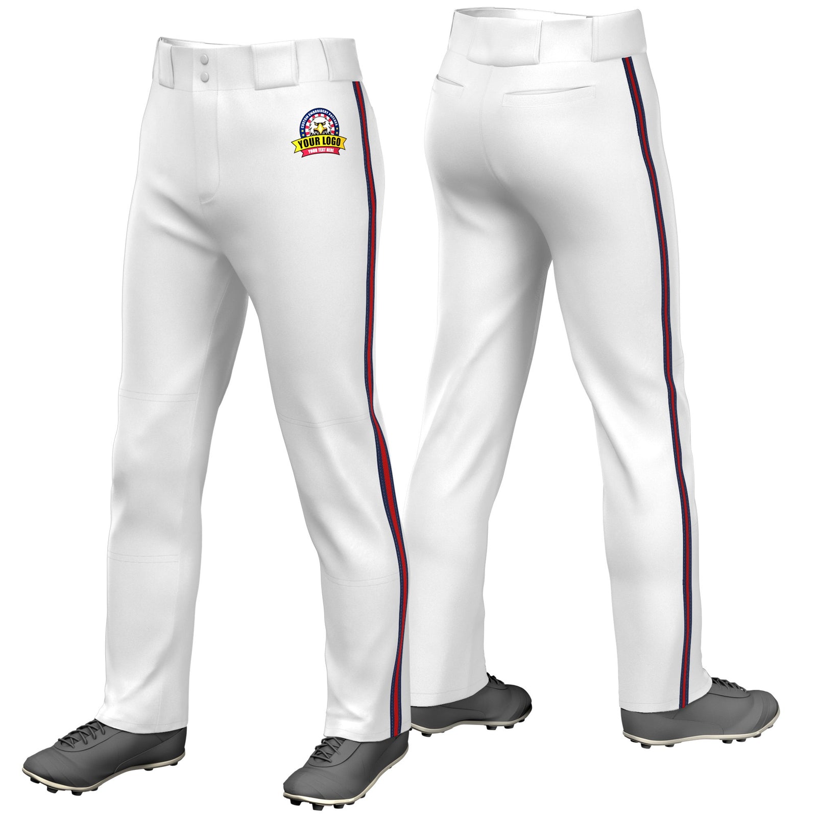 Custom White Navy-Red-Navy Classic Fit Stretch Practice Loose-fit Baseball Pants