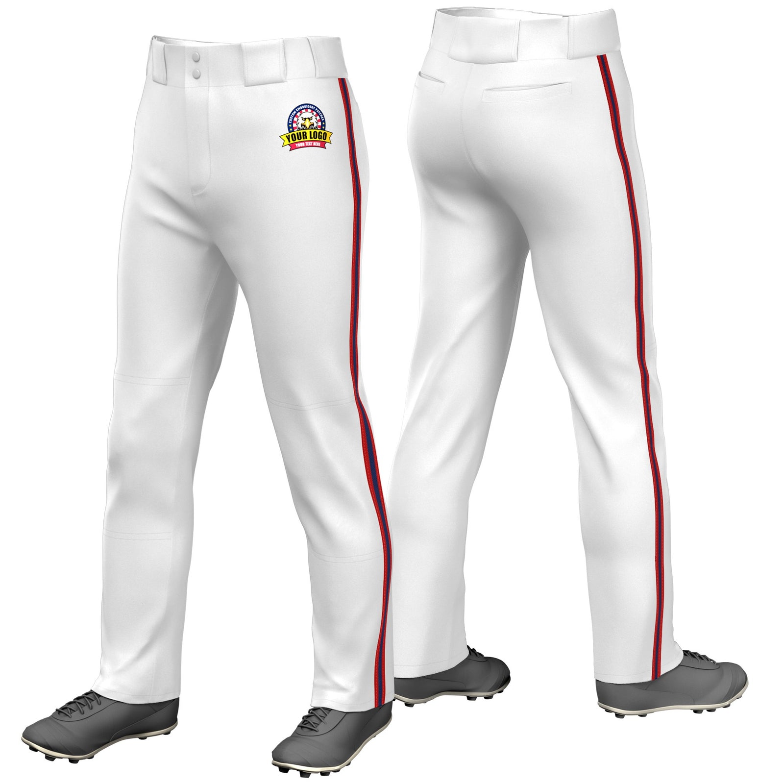 Custom White Red-Navy-Red Classic Fit Stretch Practice Loose-fit Baseball Pants