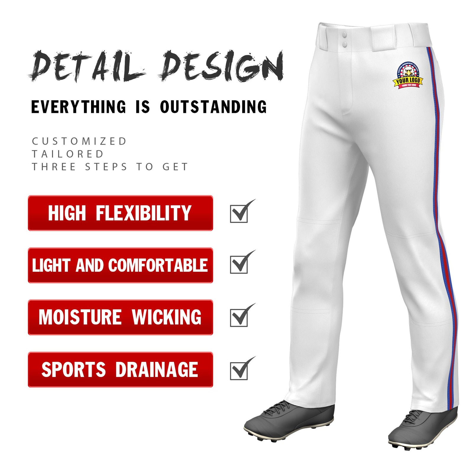 Custom White Royal Blue-Red-Royal Blue Classic Fit Stretch Practice Loose-fit Baseball Pants