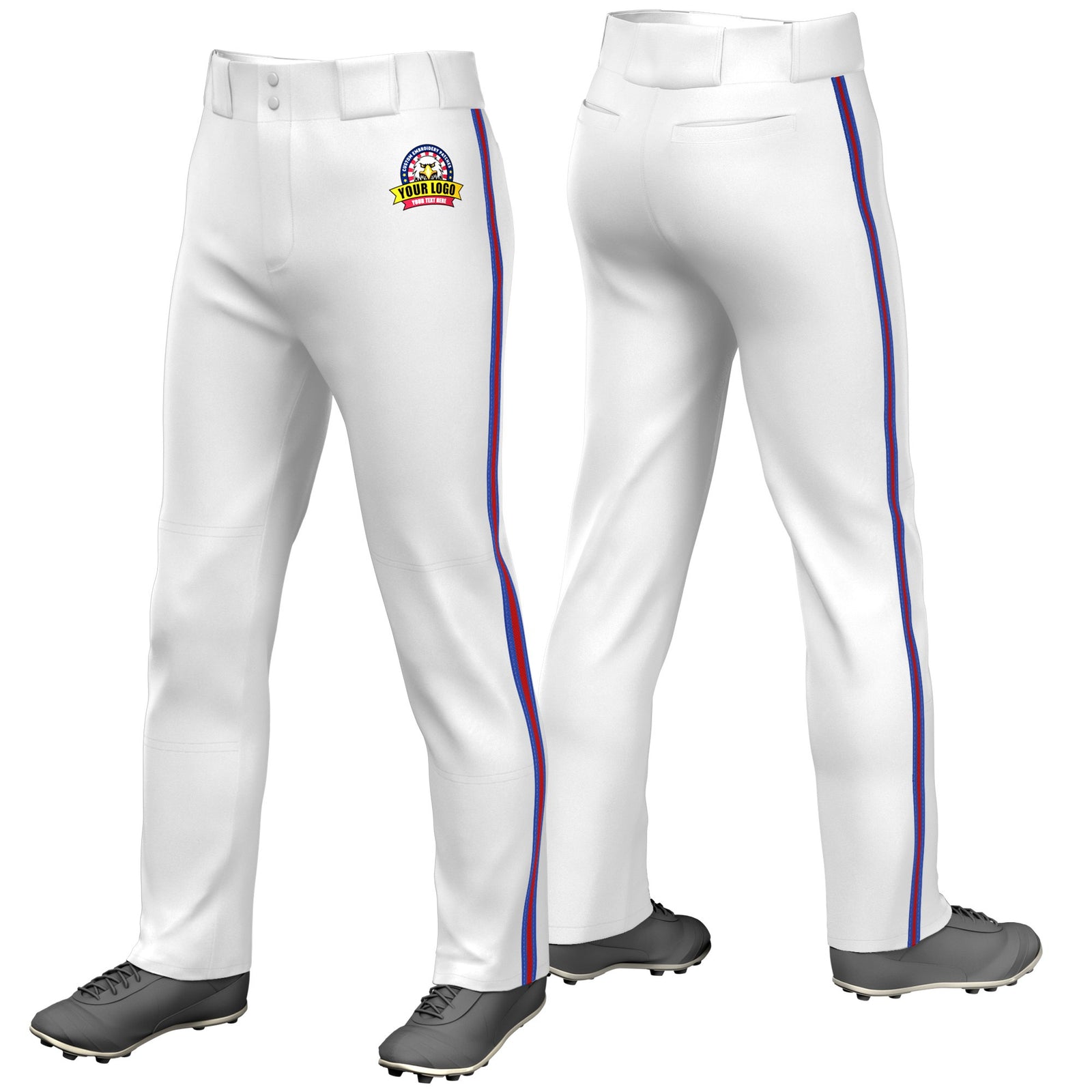 Custom White Royal Blue-Red-Royal Blue Classic Fit Stretch Practice Loose-fit Baseball Pants