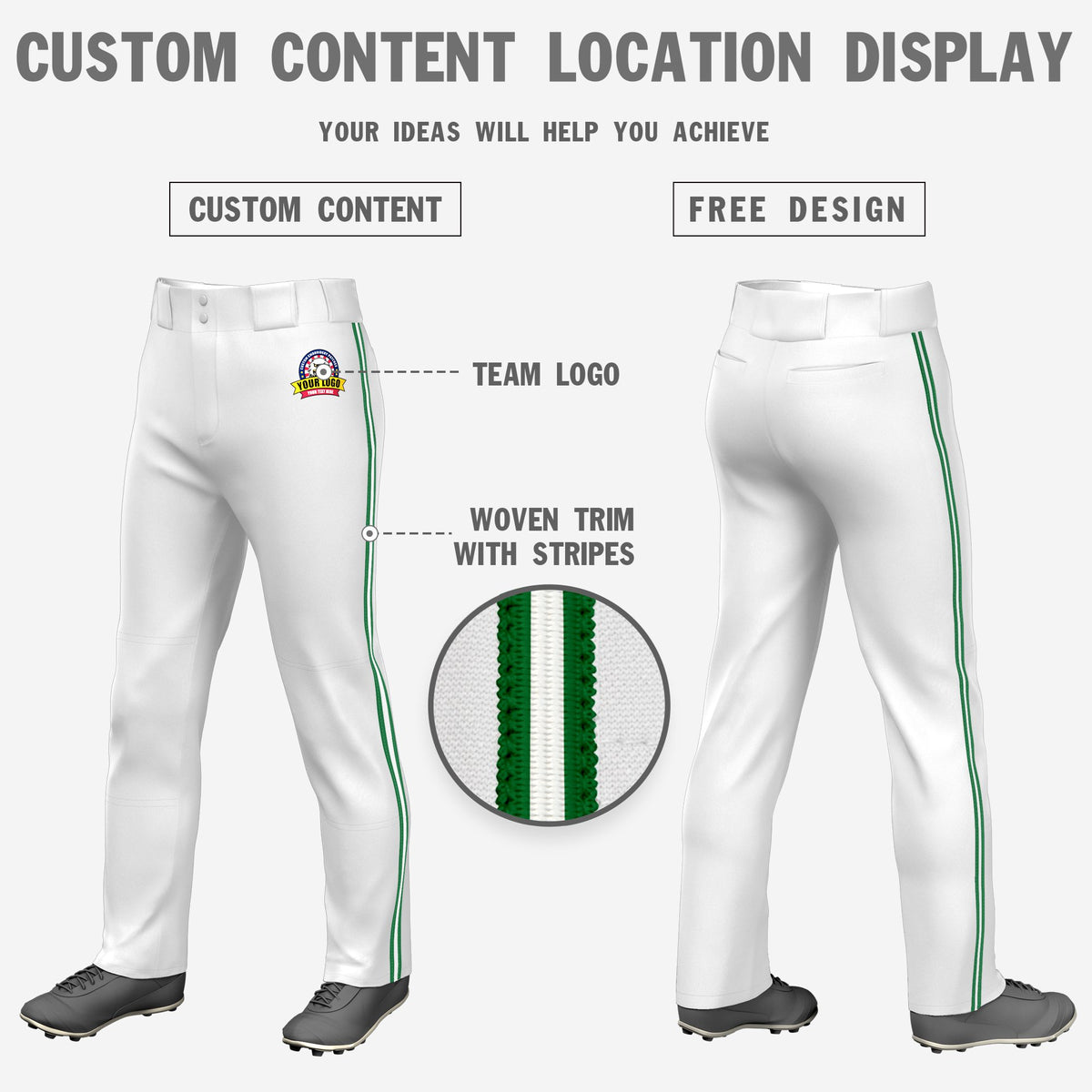 Custom White Kelly Green-White-Kelly Green Classic Fit Stretch Practice Loose-fit Baseball Pants