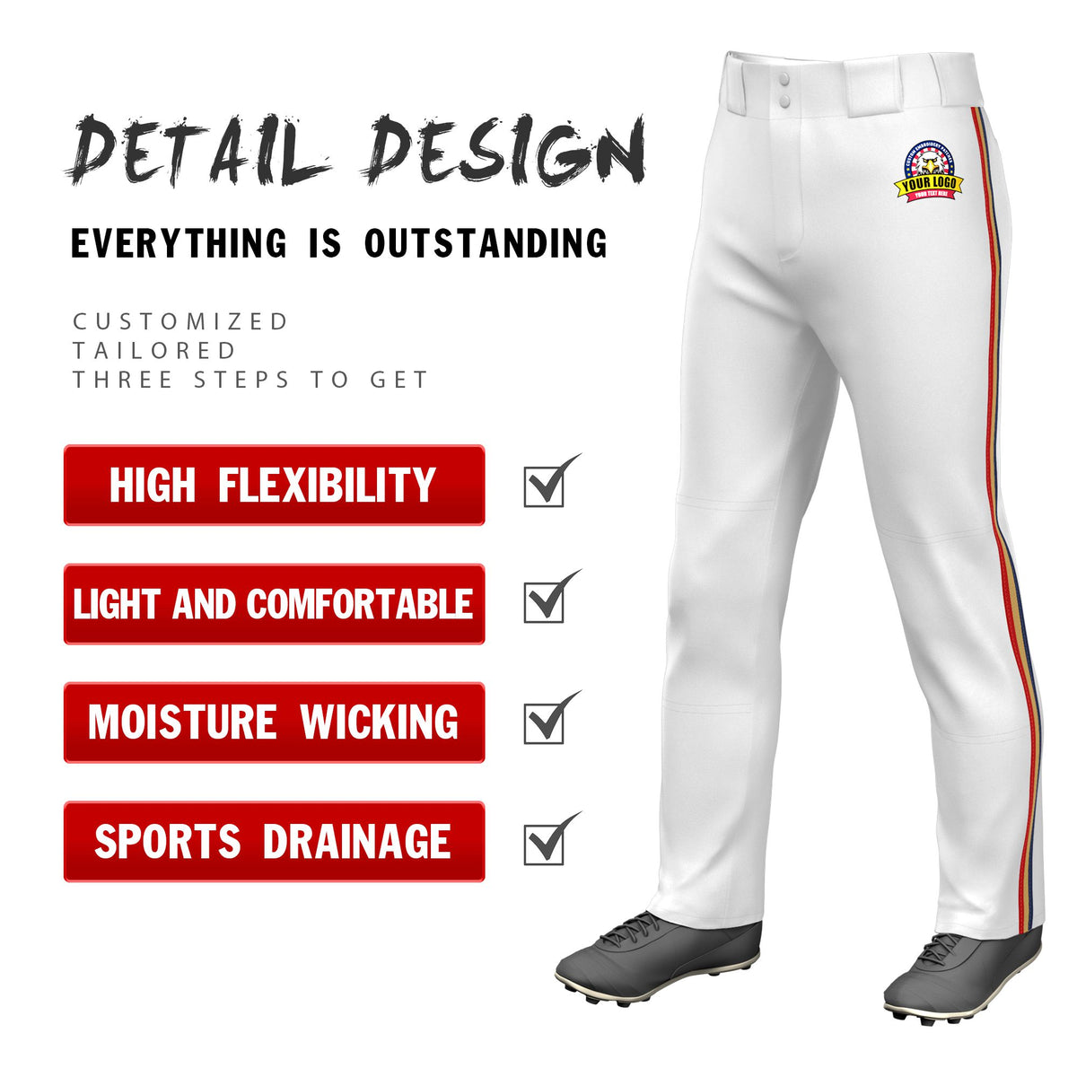 Custom White Navy-Gold-Red Classic Fit Stretch Practice Loose-fit Baseball Pants