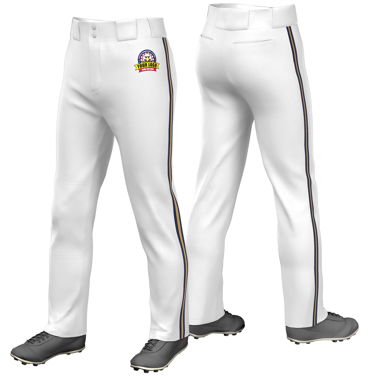 Custom White Navy-Gold-Navy Classic Fit Stretch Practice Loose-fit Baseball Pants
