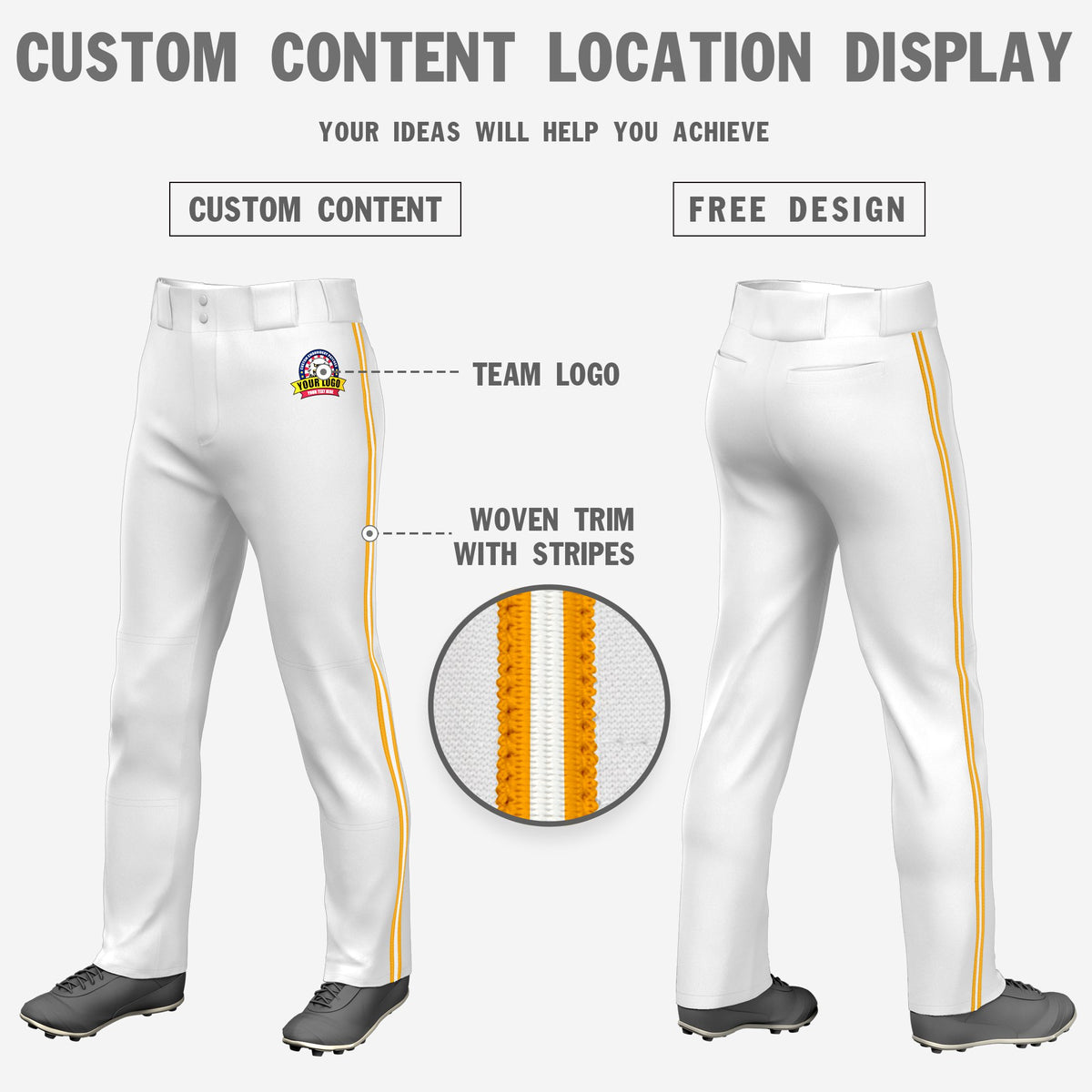 Custom White Yellow-White-Yellow Classic Fit Stretch Practice Loose-fit Baseball Pants