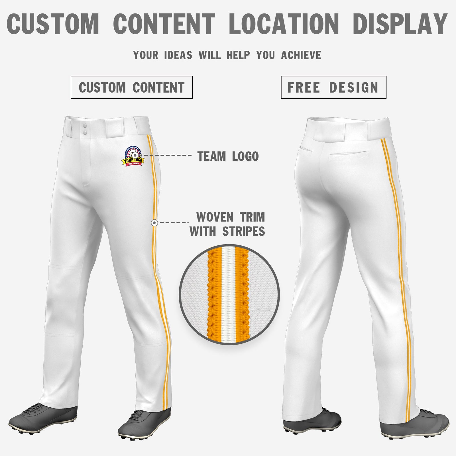Custom White Yellow-White-Yellow Classic Fit Stretch Practice Loose-fit Baseball Pants