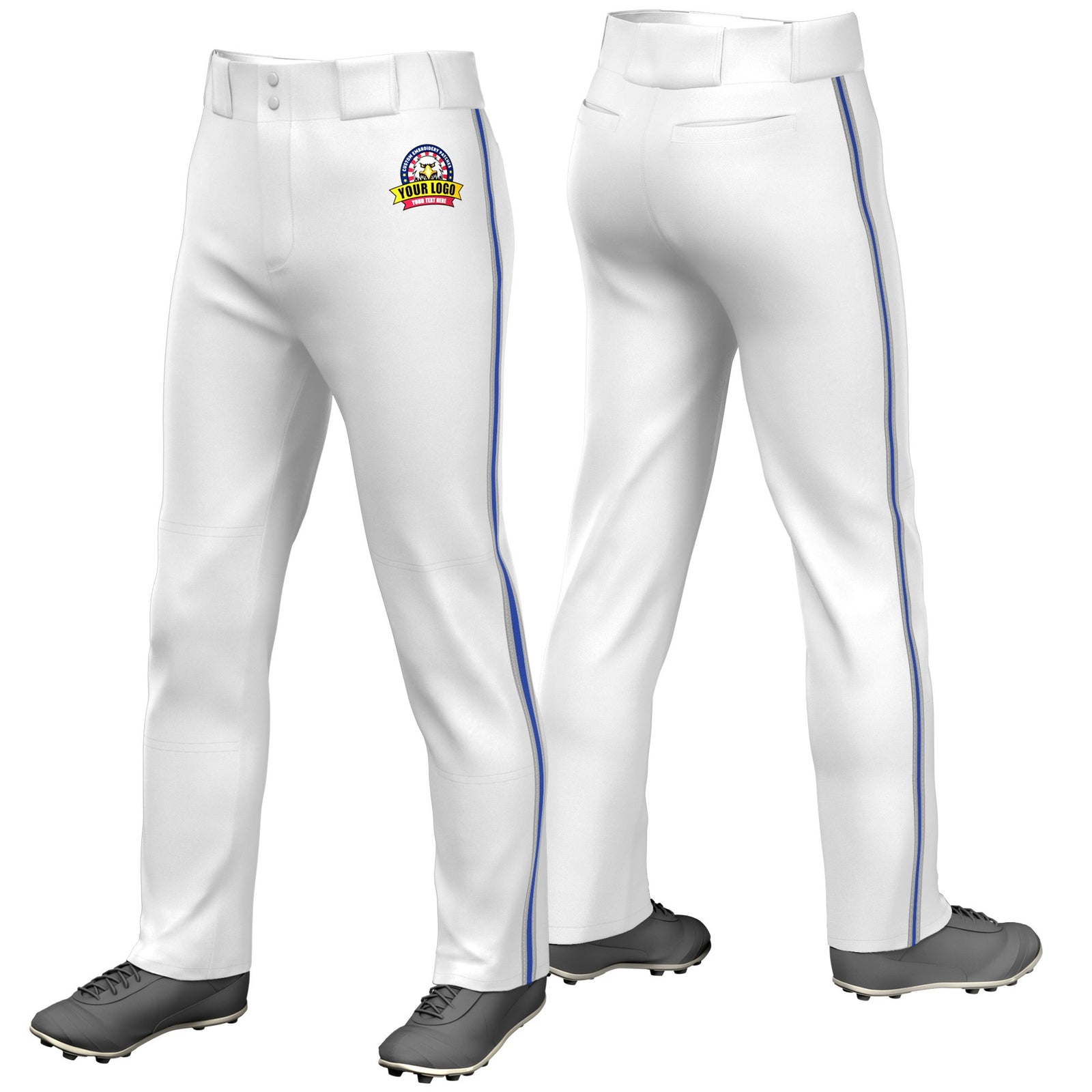 Custom White Gray-Royal Blue-Gray Classic Fit Stretch Practice Loose-fit Baseball Pants