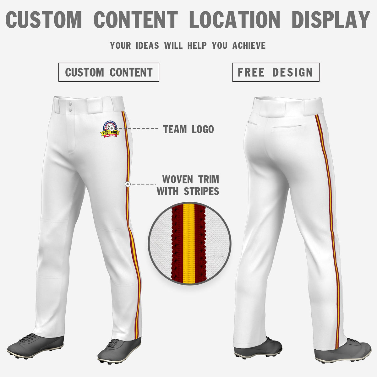 Custom White Red-Gold01-Red Classic Fit Stretch Practice Loose-fit Baseball Pants