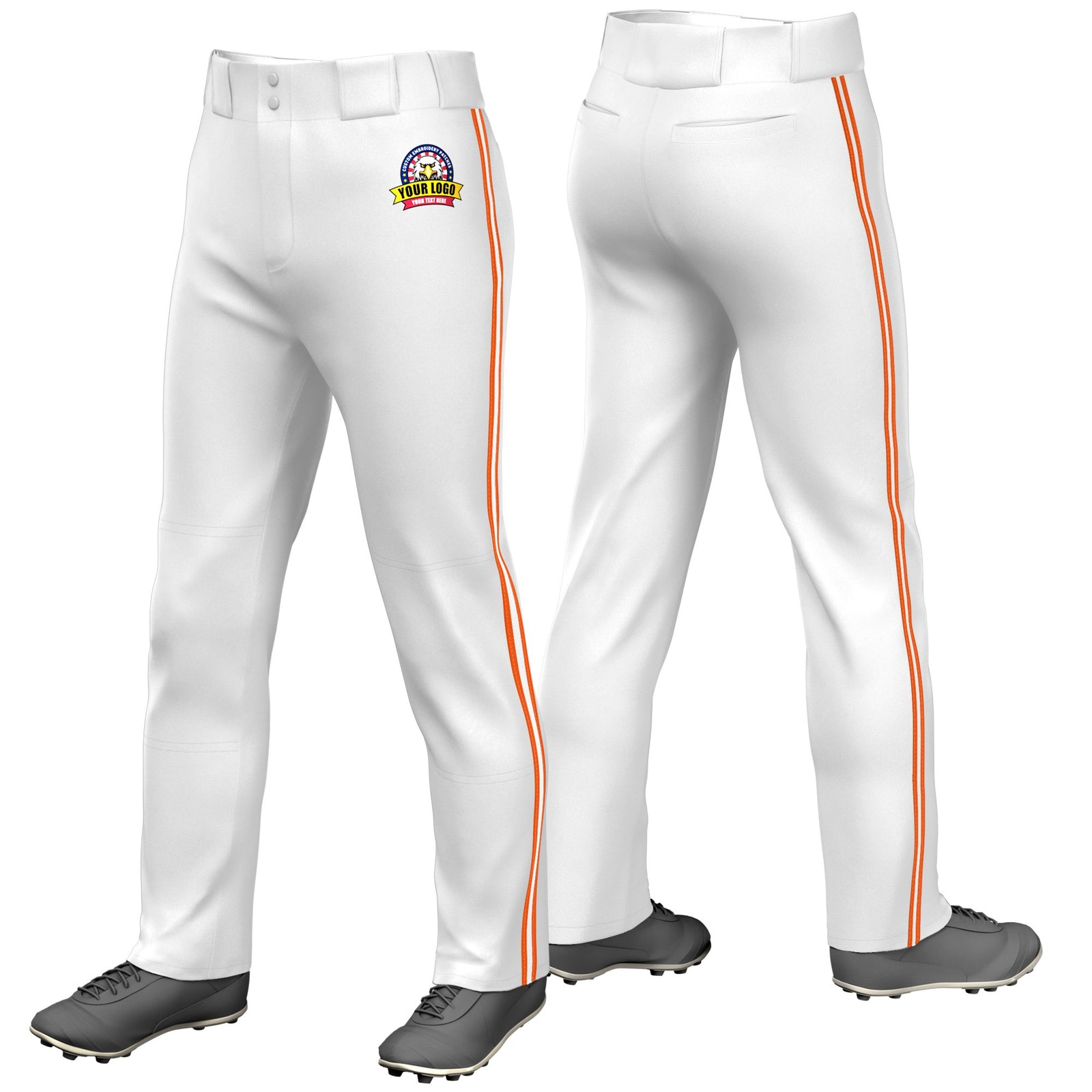Custom White Orange-White-Orange Classic Fit Stretch Practice Loose-fit Baseball Pants