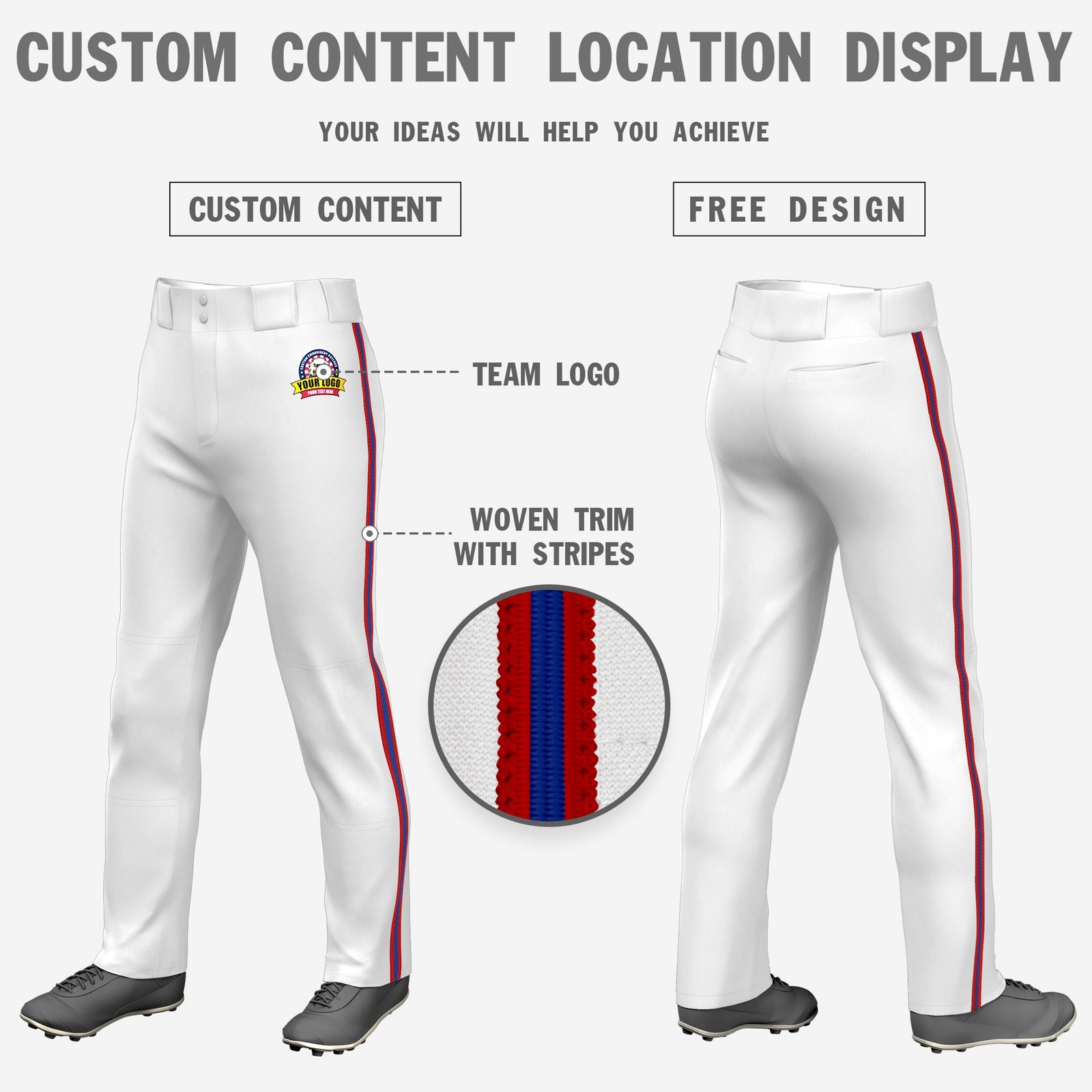 Custom White Red-Royal Blue-Red Classic Fit Stretch Practice Loose-fit Baseball Pants