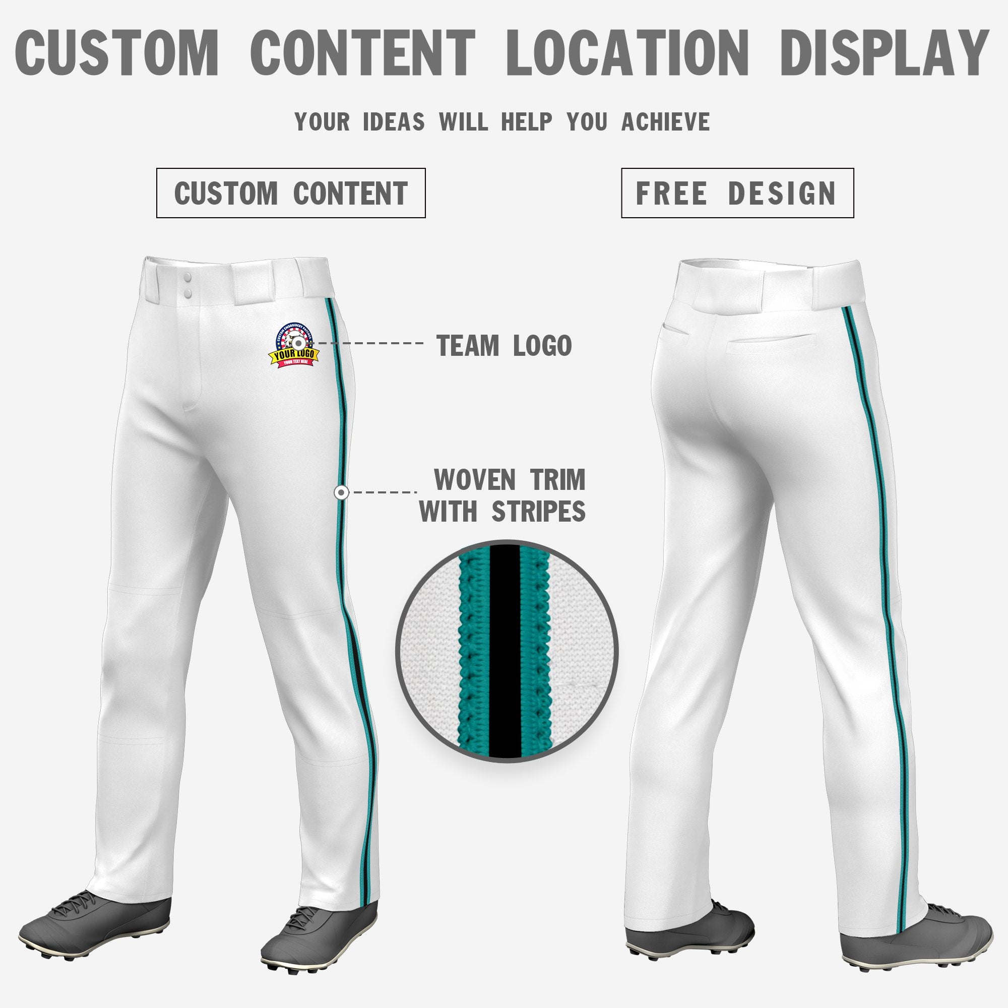 Custom White Aqua-Black-Aqua Classic Fit Stretch Practice Loose-fit Baseball Pants