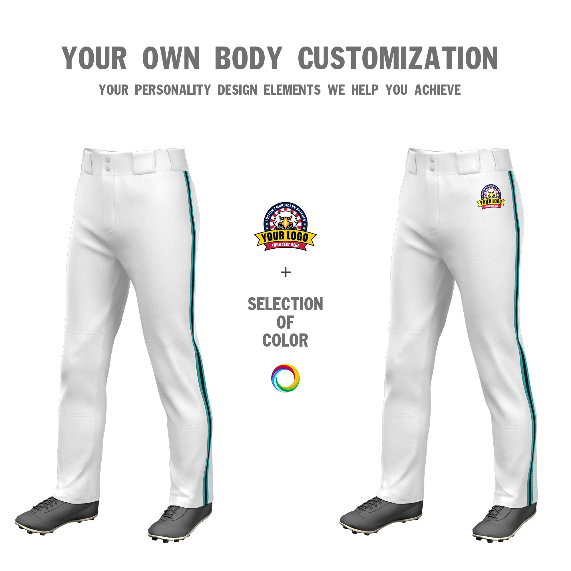 Custom White Aqua-Black-Aqua Classic Fit Stretch Practice Loose-fit Baseball Pants