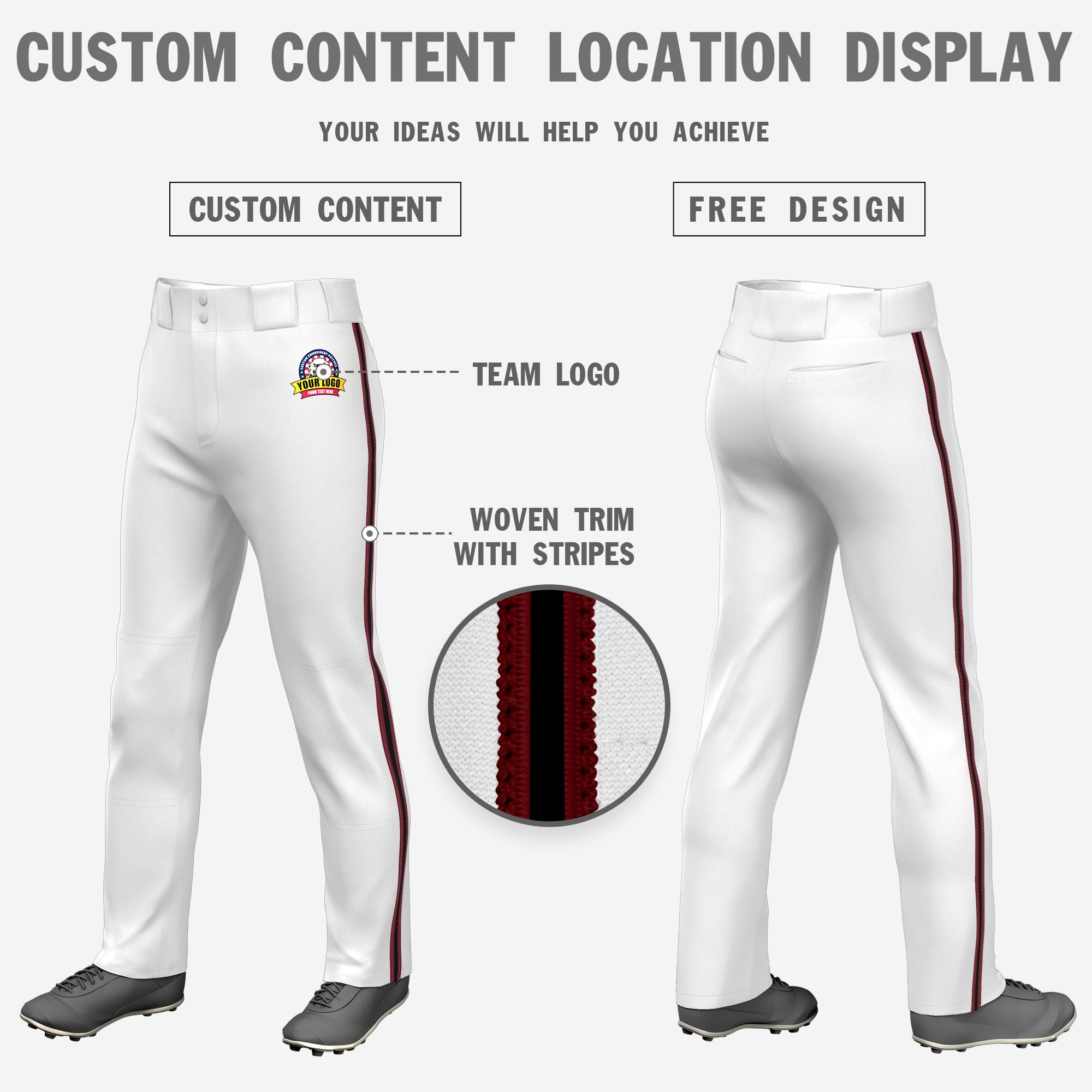 Custom White Crimson-Black-Crimson Classic Fit Stretch Practice Loose-fit Baseball Pants