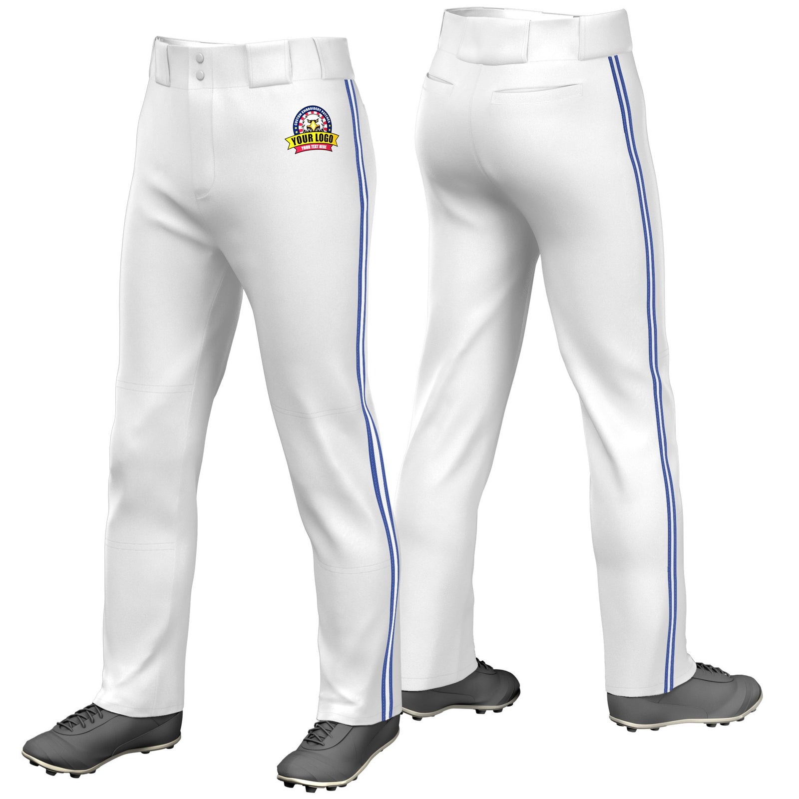 Custom White Royal Blue-White-Royal Blue Classic Fit Stretch Practice Loose-fit Baseball Pants