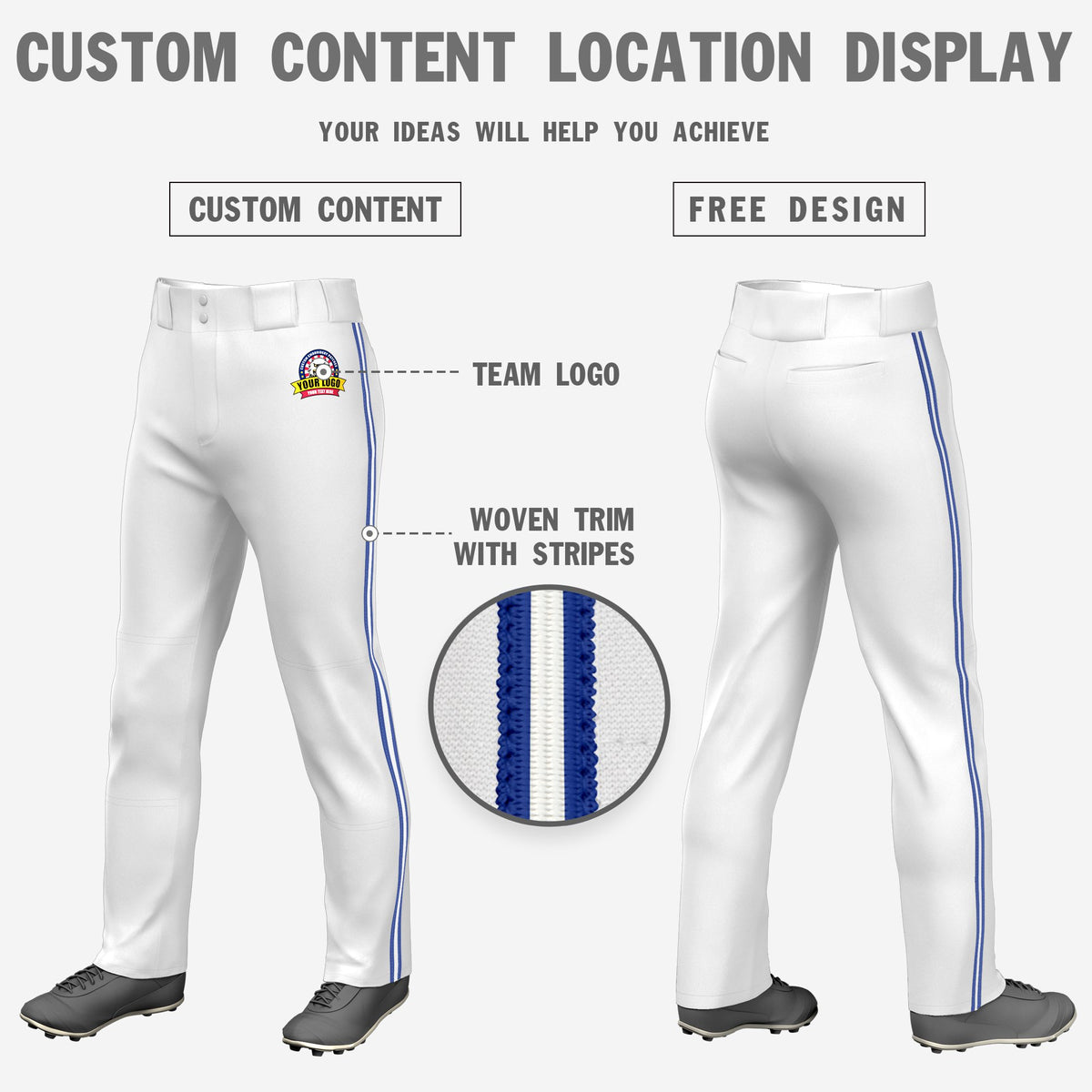 Custom White Royal Blue-White-Royal Blue Classic Fit Stretch Practice Loose-fit Baseball Pants