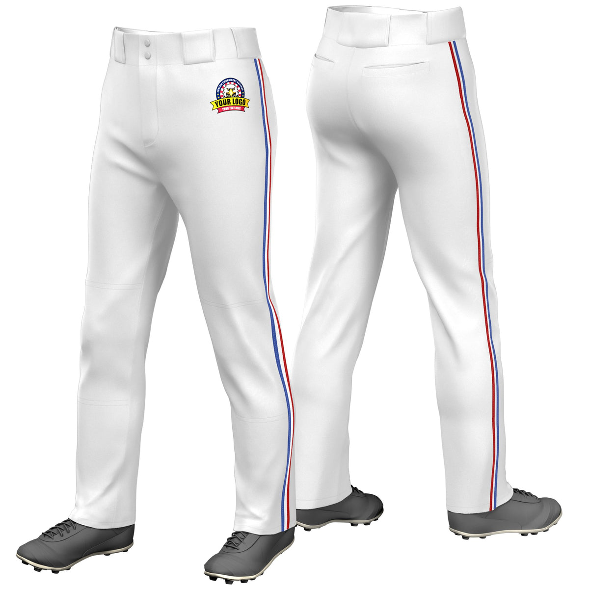 Custom White Royal Blue-White-Red Classic Fit Stretch Practice Loose-fit Baseball Pants