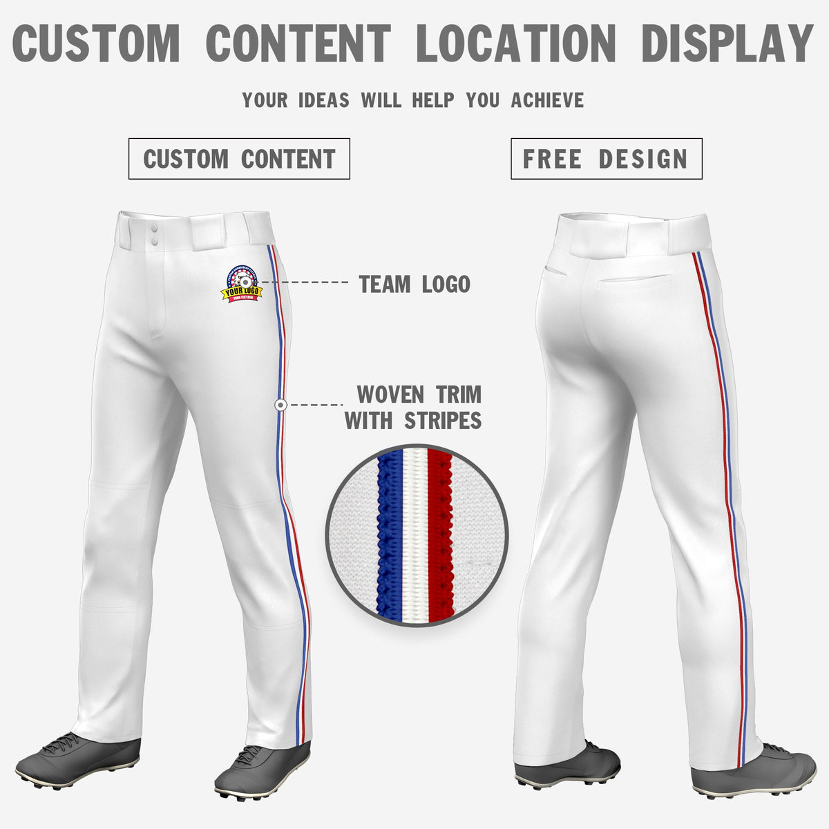Custom White Royal Blue-White-Red Classic Fit Stretch Practice Loose-fit Baseball Pants