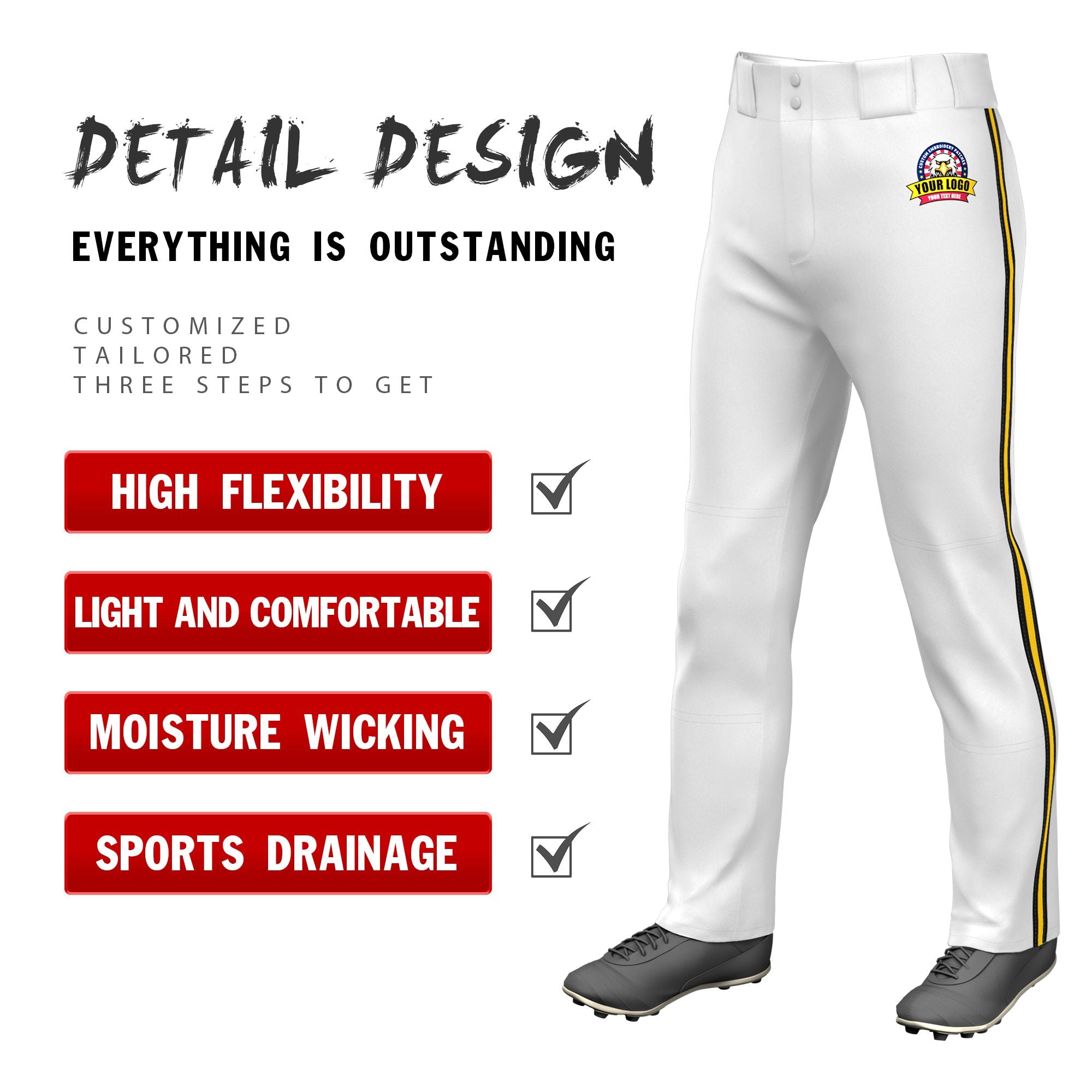 Custom White Black-Gold01-Black Classic Fit Stretch Practice Loose-fit Baseball Pants