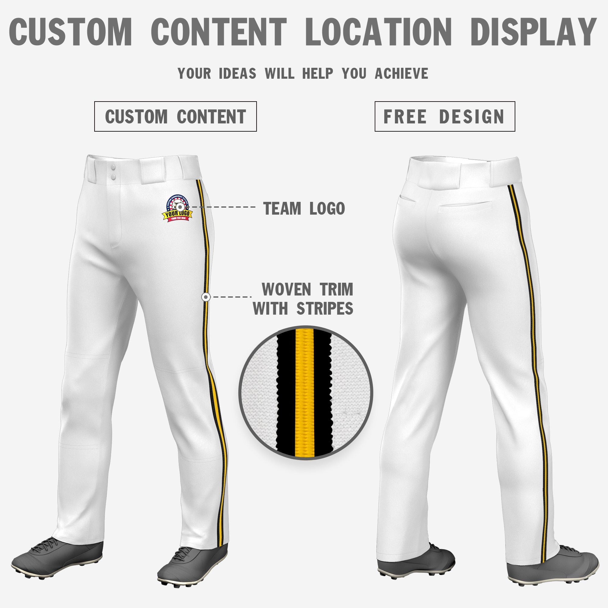 Custom White Black-Gold01-Black Classic Fit Stretch Practice Loose-fit Baseball Pants