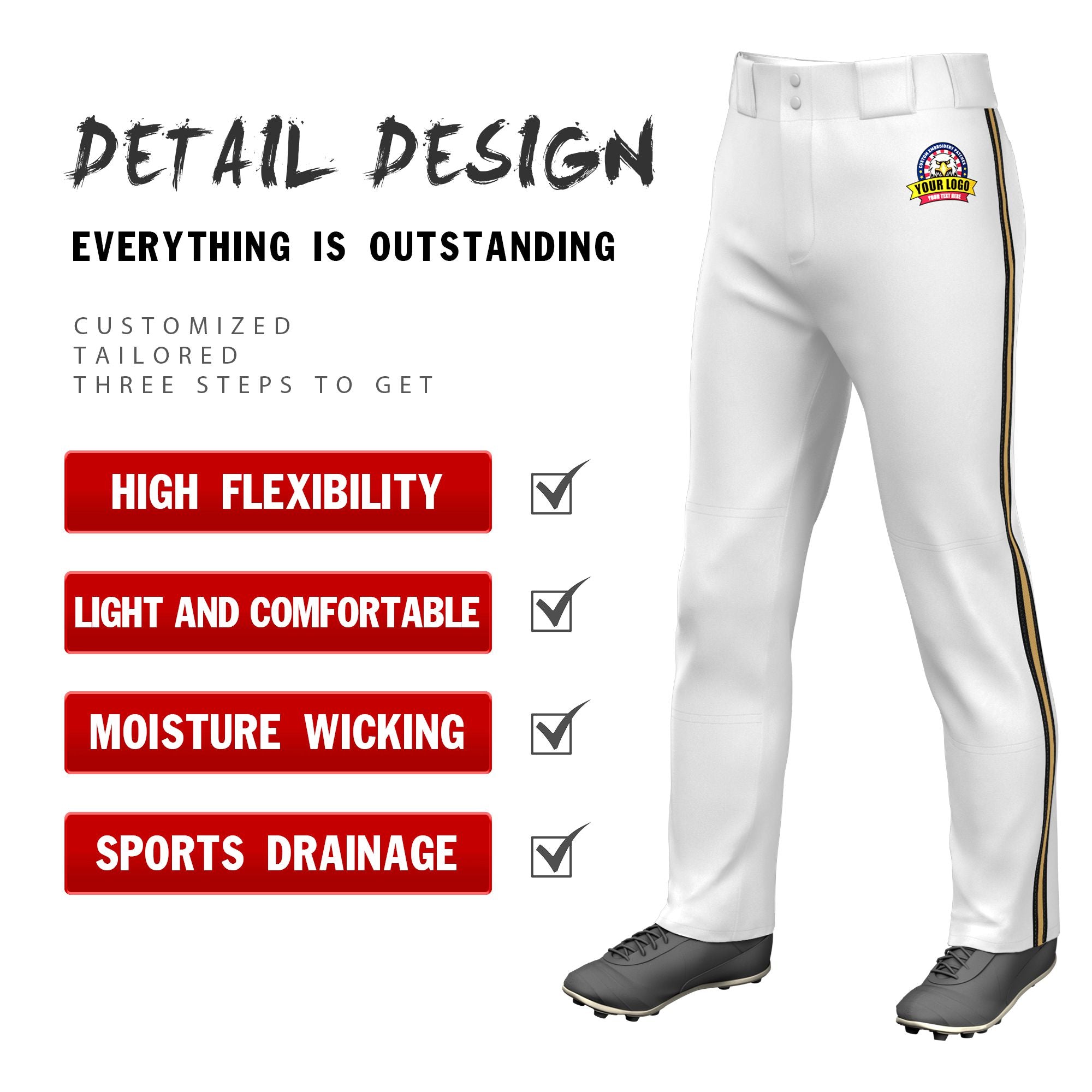 Custom White Black-Old Gold-Black Classic Fit Stretch Practice Loose-fit Baseball Pants