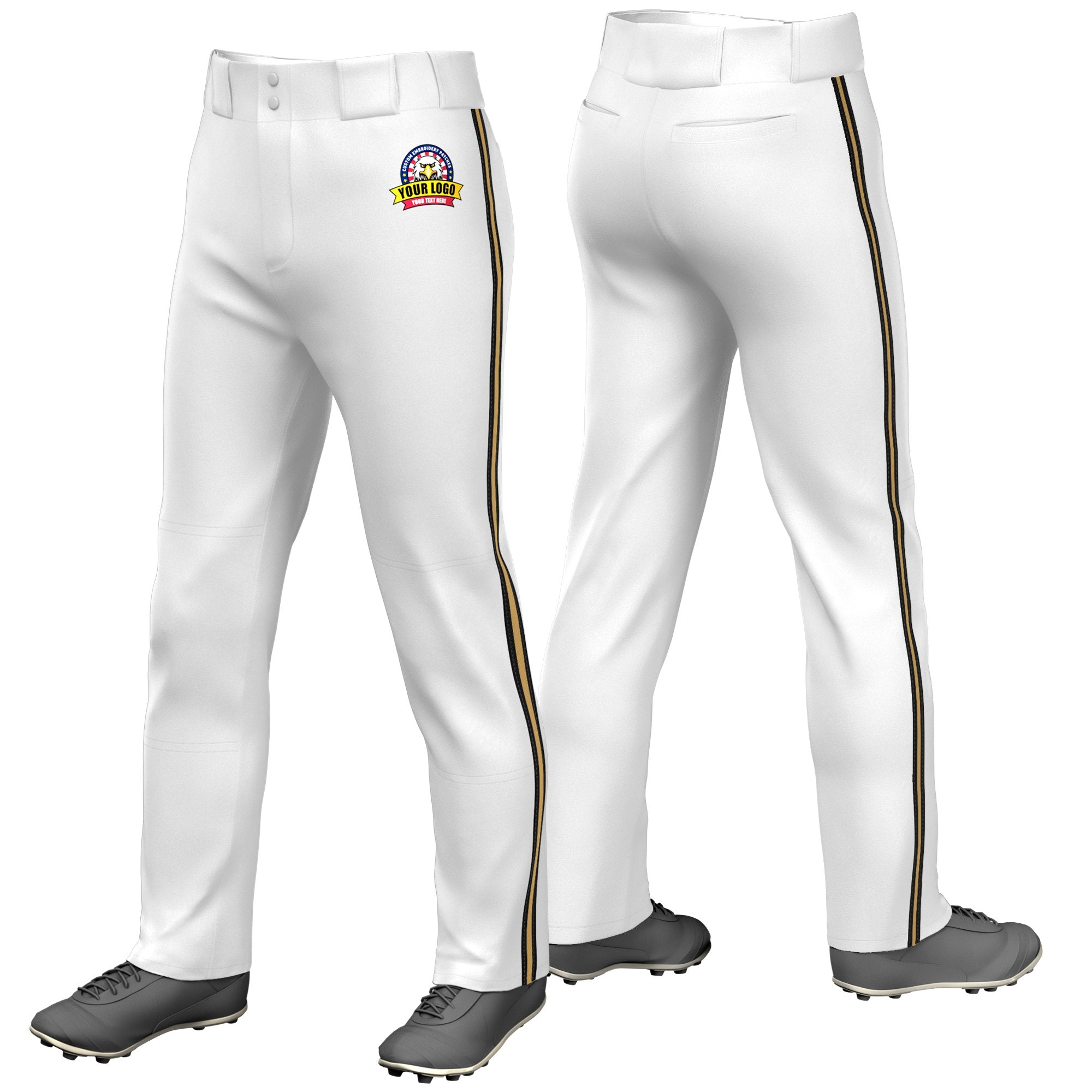 Custom White Black-Old Gold-Black Classic Fit Stretch Practice Loose-fit Baseball Pants