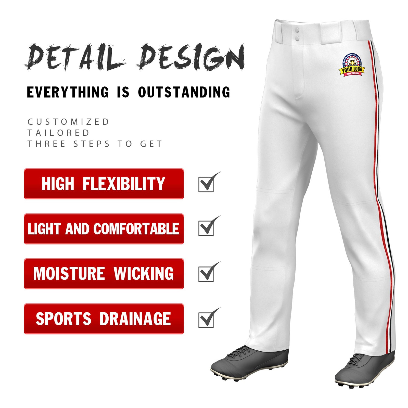 Custom White Red-White-Black Classic Fit Stretch Practice Loose-fit Baseball Pants