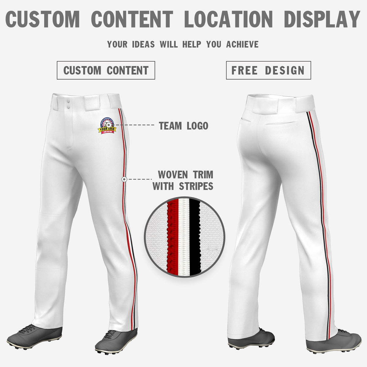 Custom White Red-White-Black Classic Fit Stretch Practice Loose-fit Baseball Pants