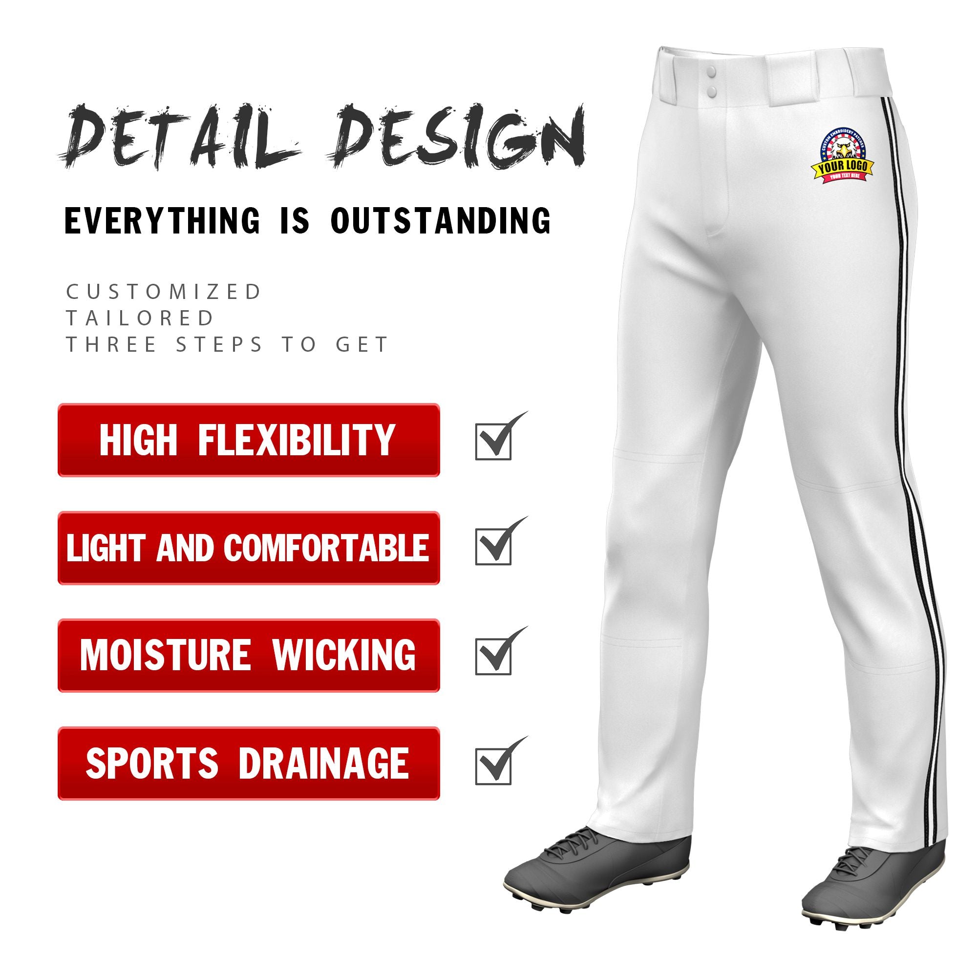 Custom White Black-White-Black Classic Fit Stretch Practice Loose-fit Baseball Pants