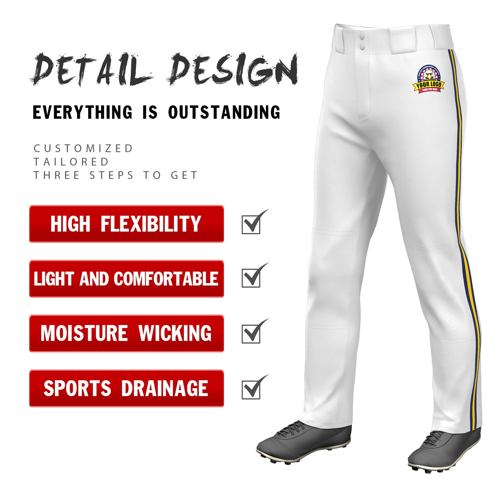 Custom White Navy-Gold01-Navy Classic Fit Stretch Practice Loose-fit Baseball Pants