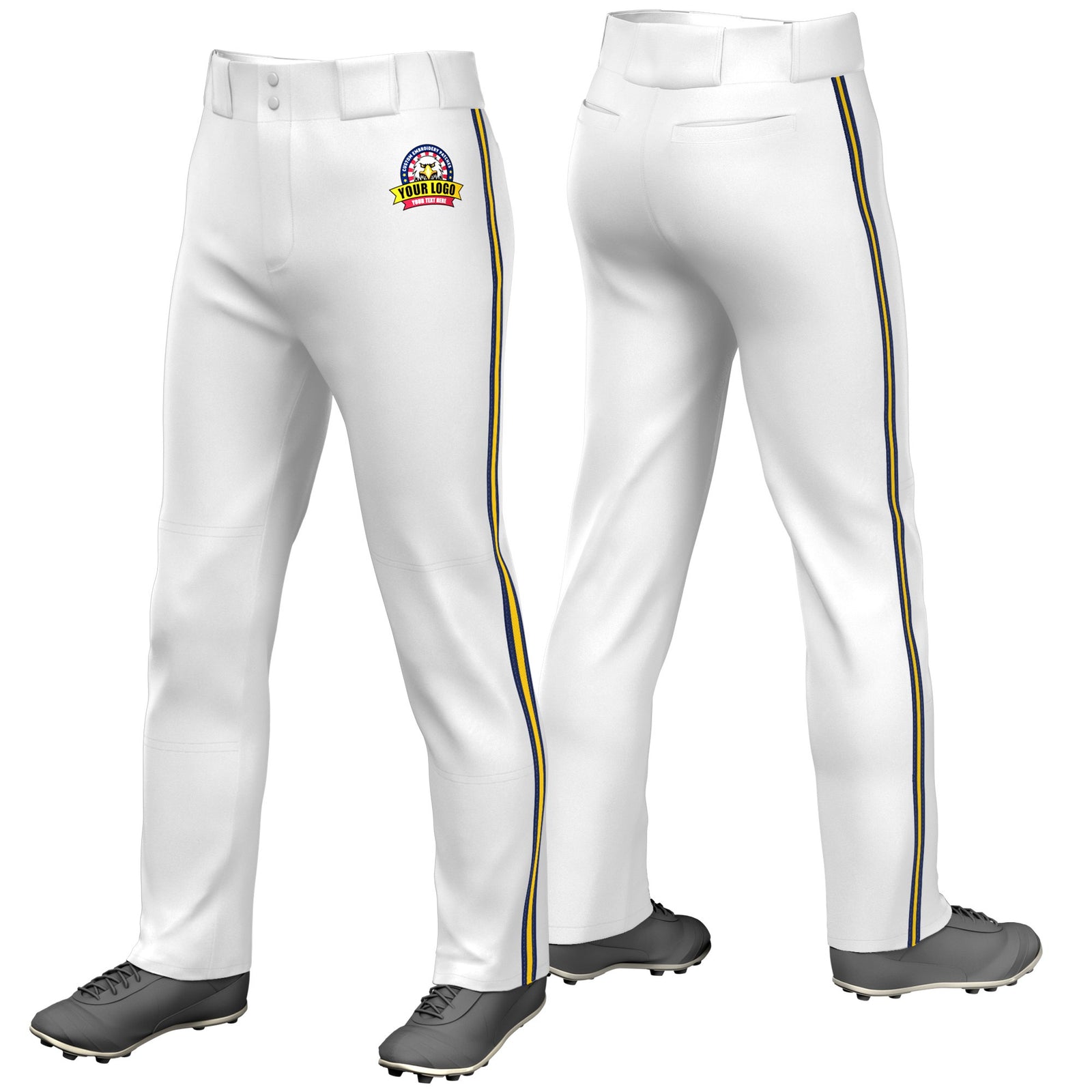 Custom White Navy-Gold01-Navy Classic Fit Stretch Practice Loose-fit Baseball Pants
