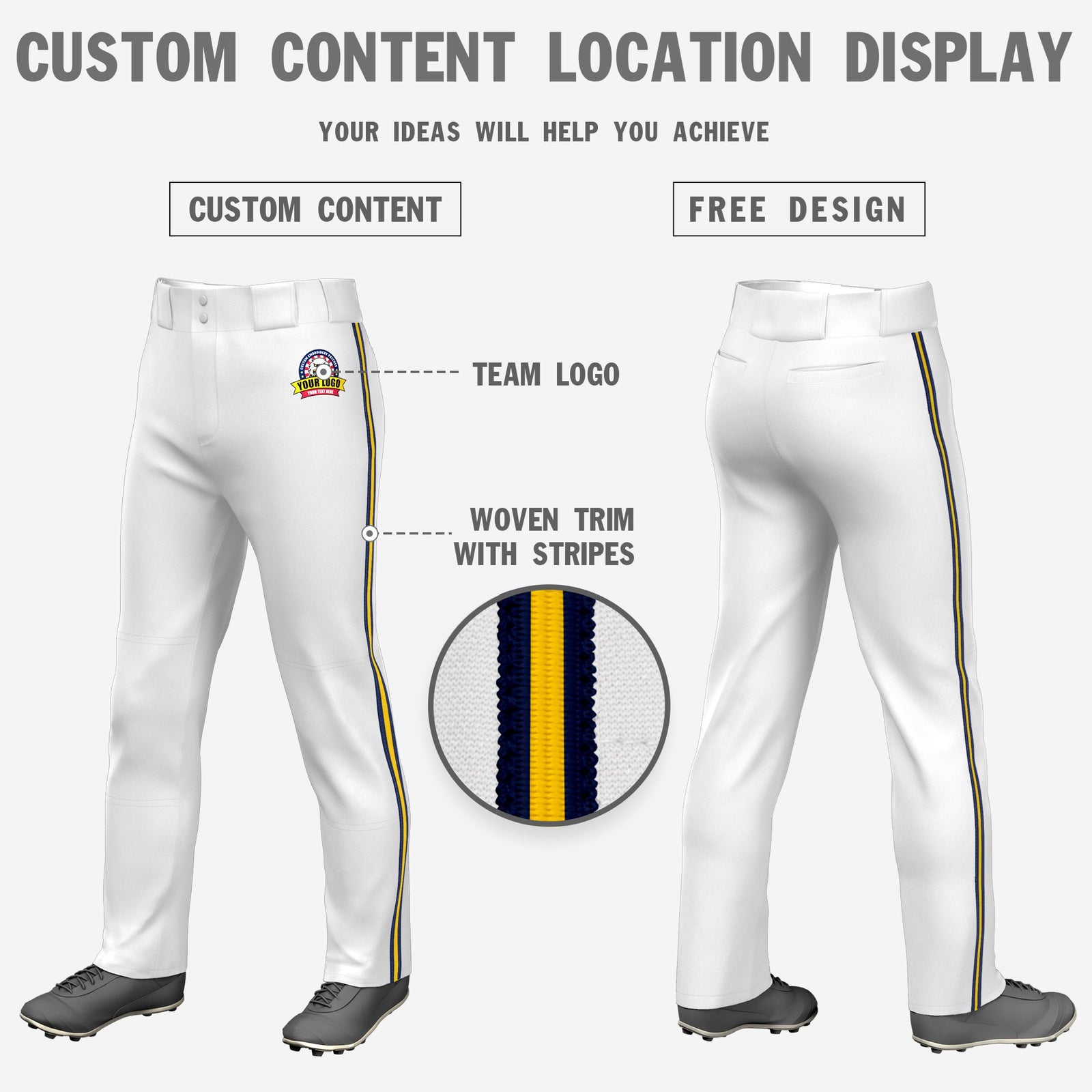 Custom White Navy-Gold01-Navy Classic Fit Stretch Practice Loose-fit Baseball Pants