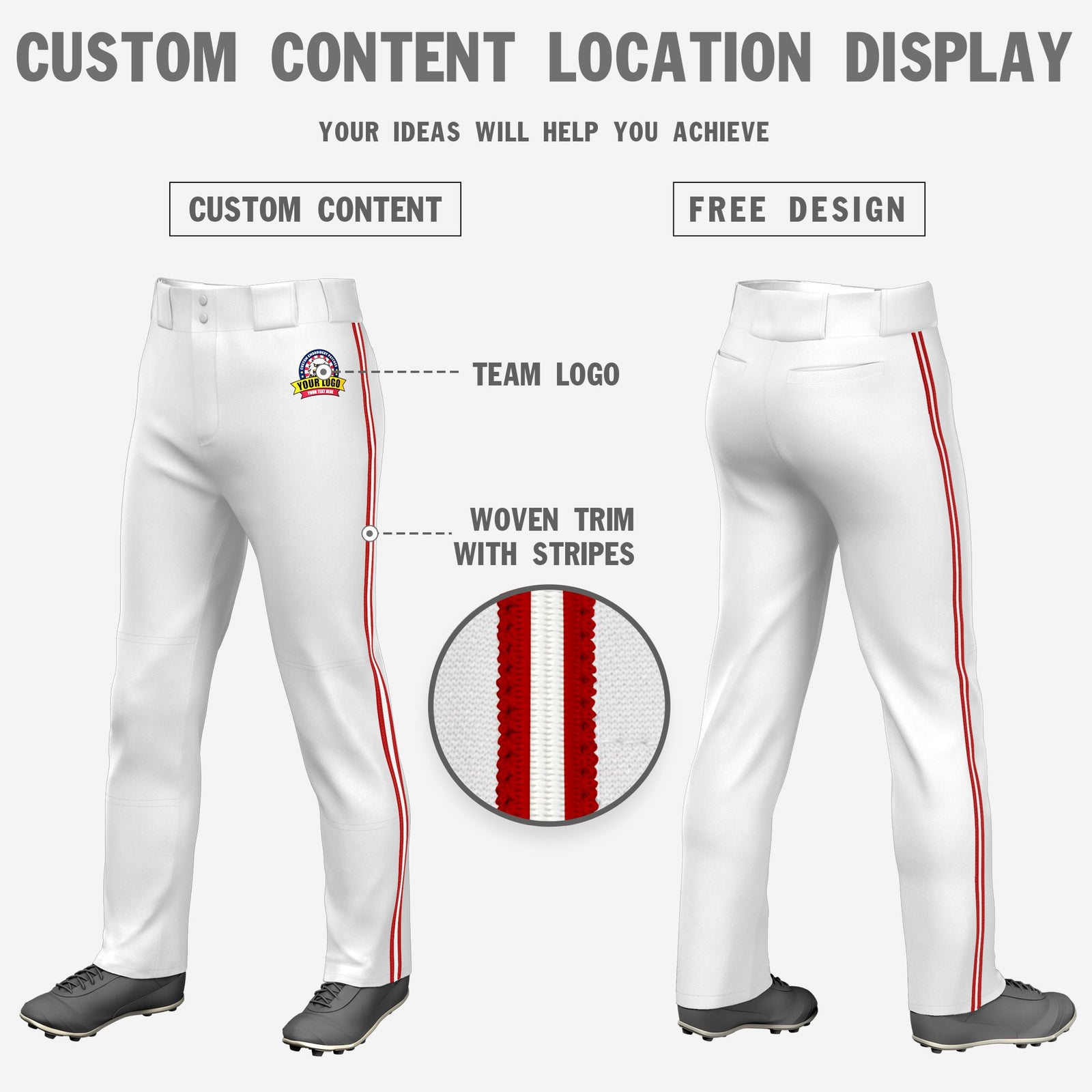Custom White Red-White-Red Classic Fit Stretch Practice Loose-fit Baseball Pants