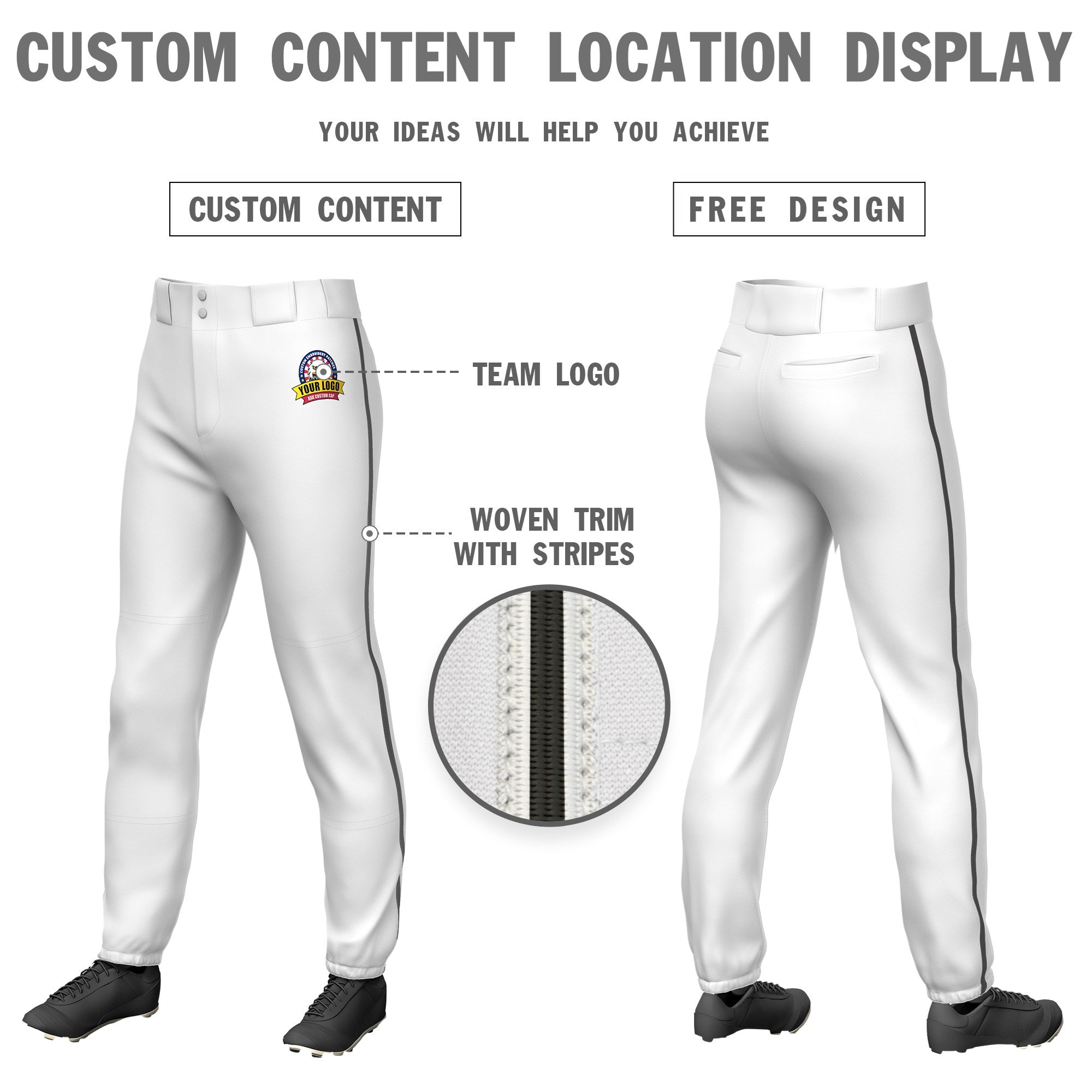 Custom White Drak Gray Classic Fit Stretch Practice Pull-up Baseball Pants
