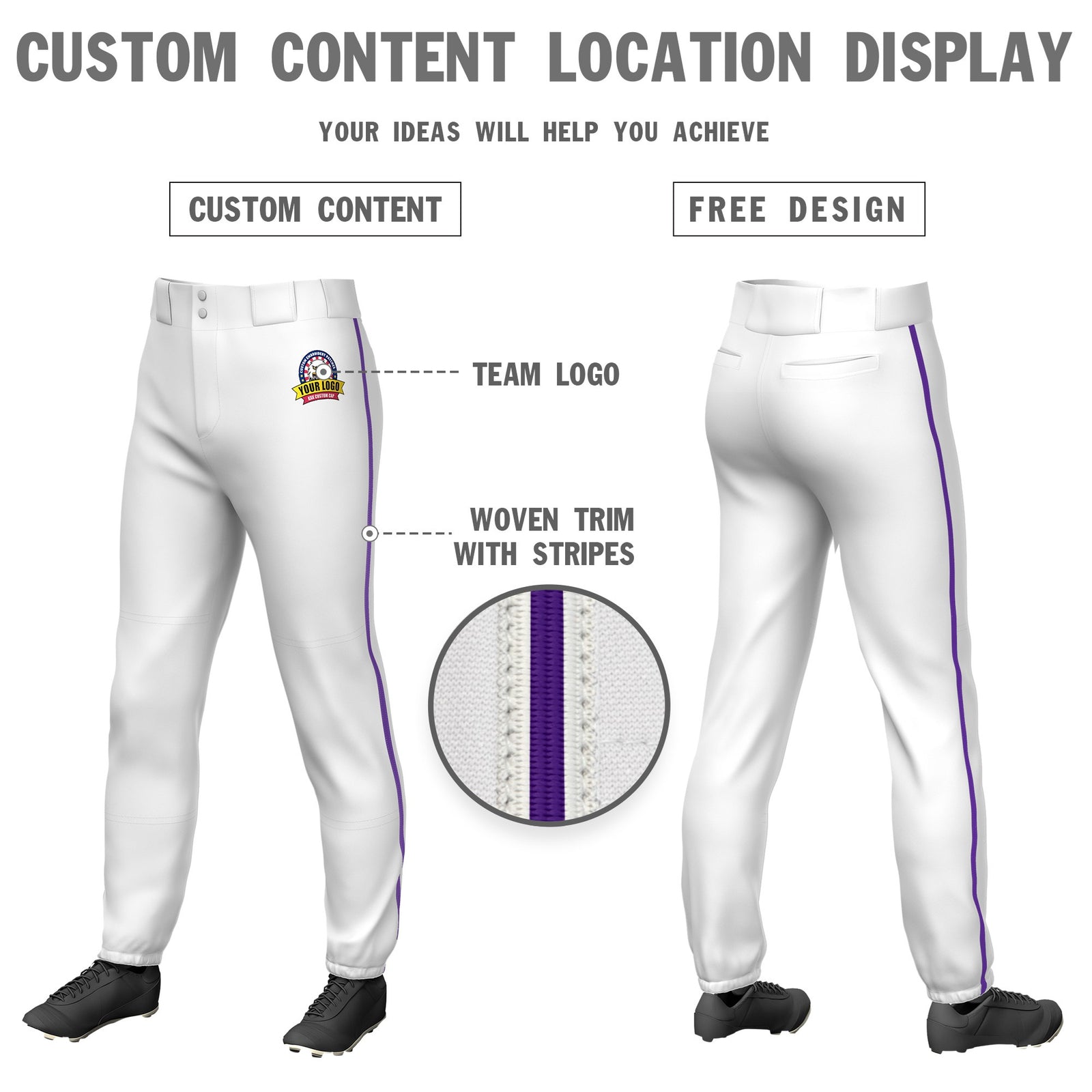 Custom White Purple Classic Fit Stretch Practice Pull-up Baseball Pants