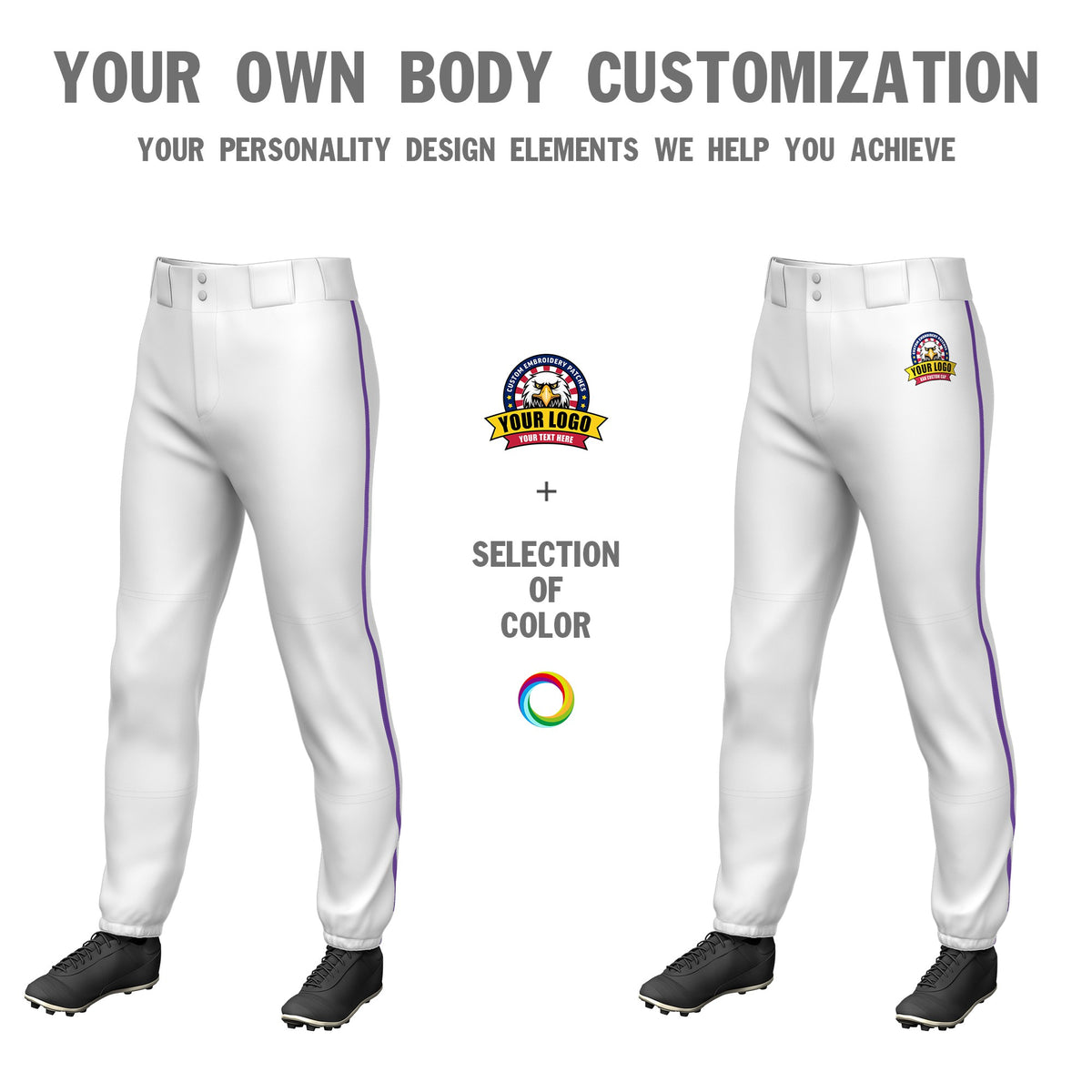 Custom White Purple Classic Fit Stretch Practice Pull-up Baseball Pants