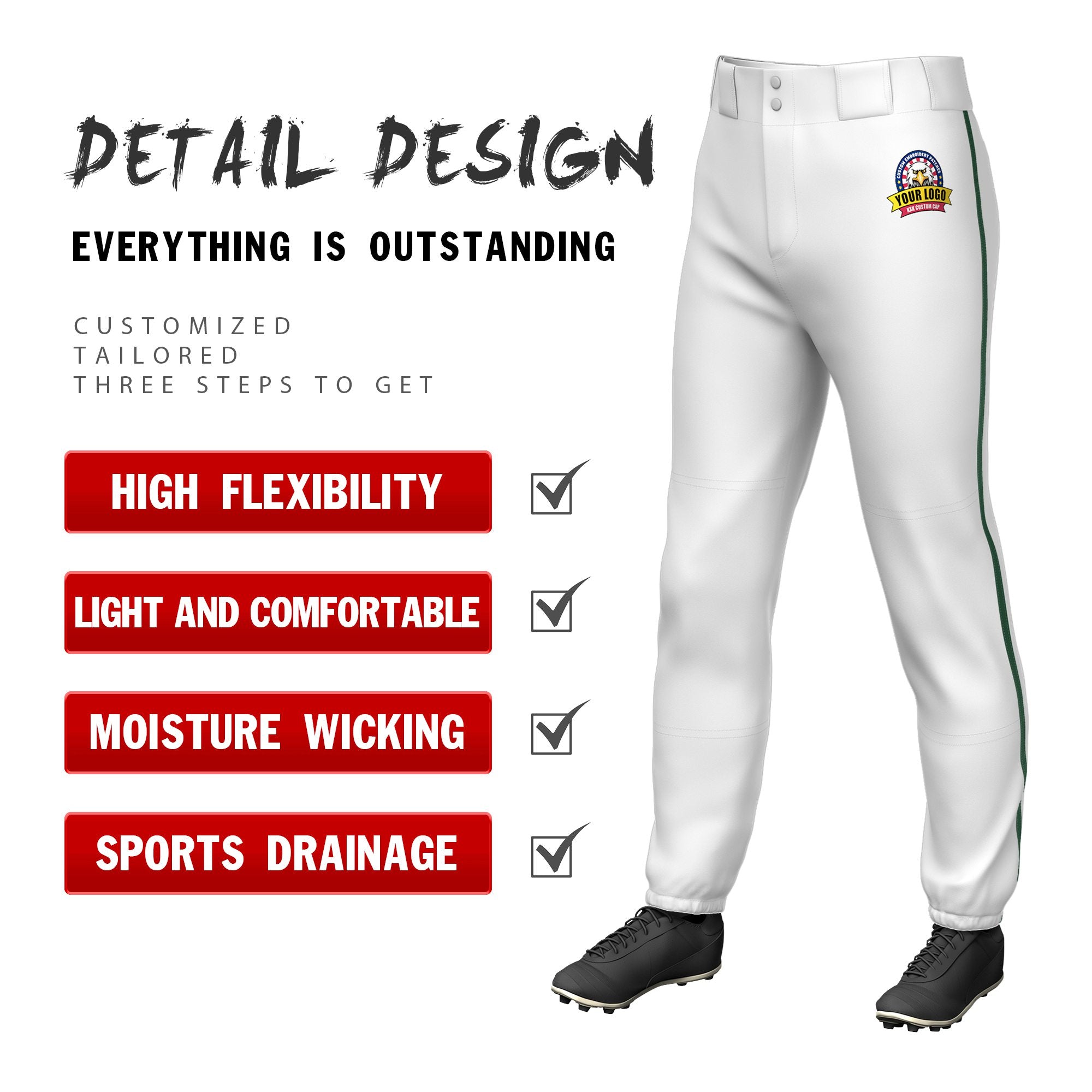 Custom White Green Classic Fit Stretch Practice Pull-up Baseball Pants