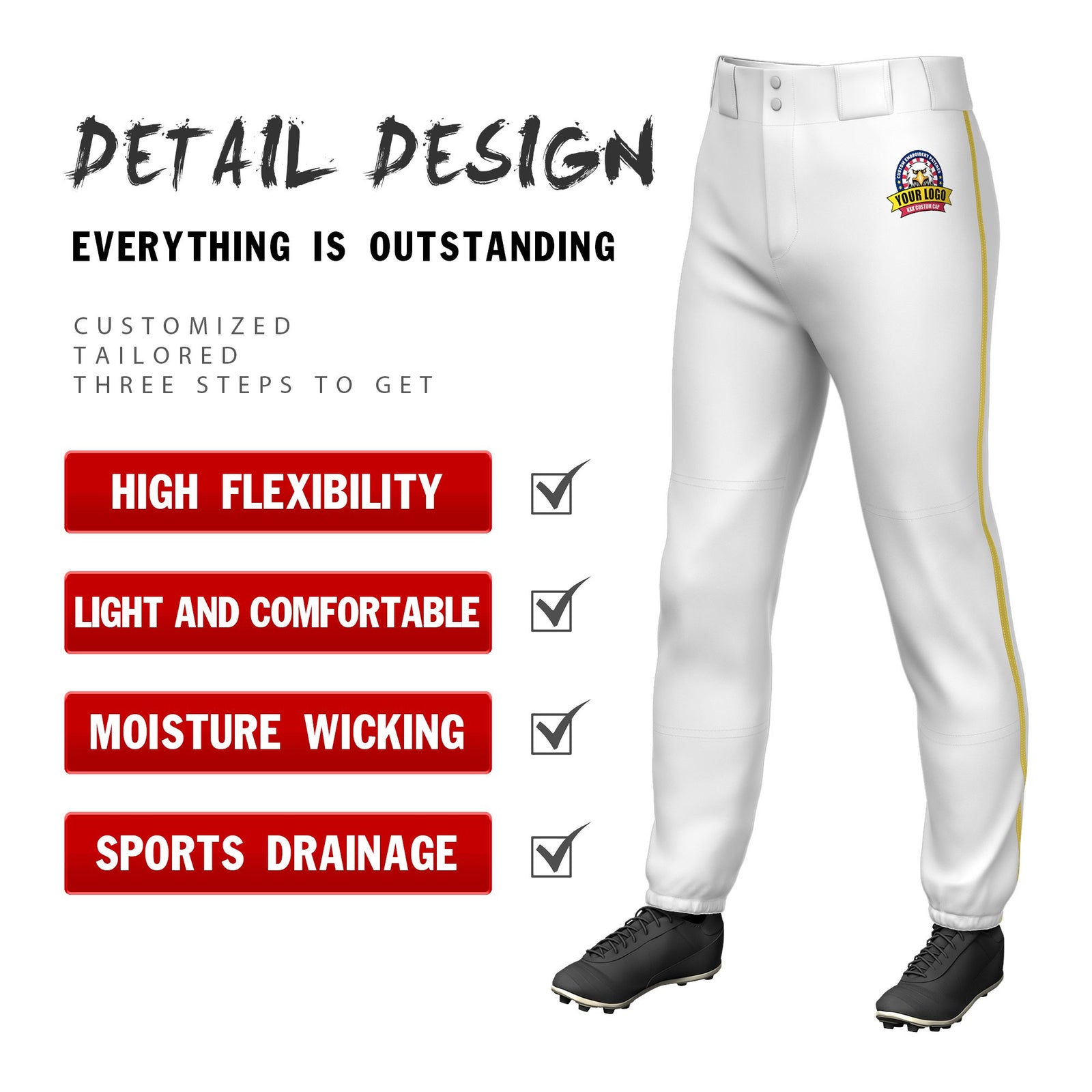 Custom White Gold01 Classic Fit Stretch Practice Pull-up Baseball Pants