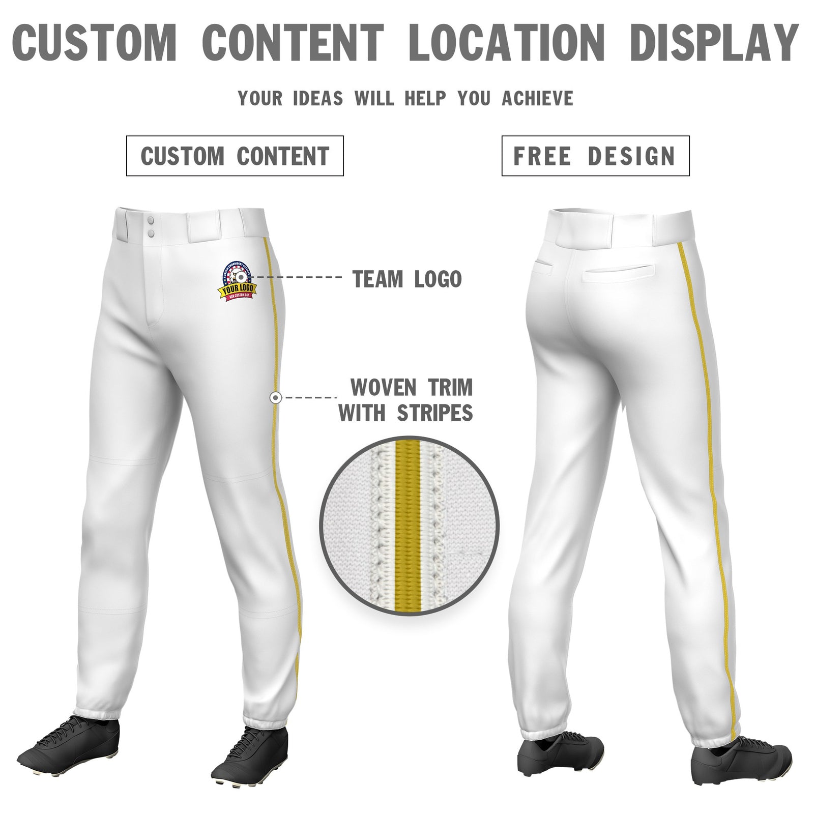 Custom White Gold01 Classic Fit Stretch Practice Pull-up Baseball Pants