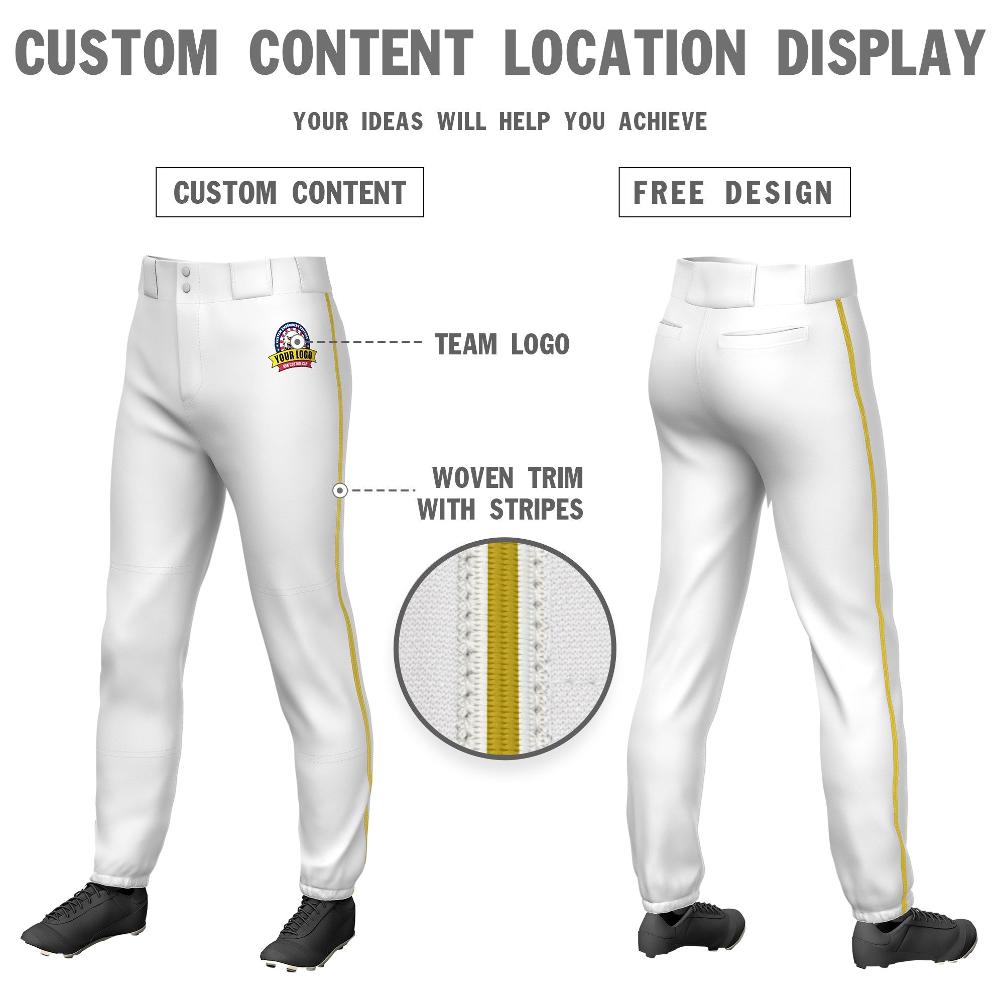 Custom White Gold01 Classic Fit Stretch Practice Pull-up Baseball Pants