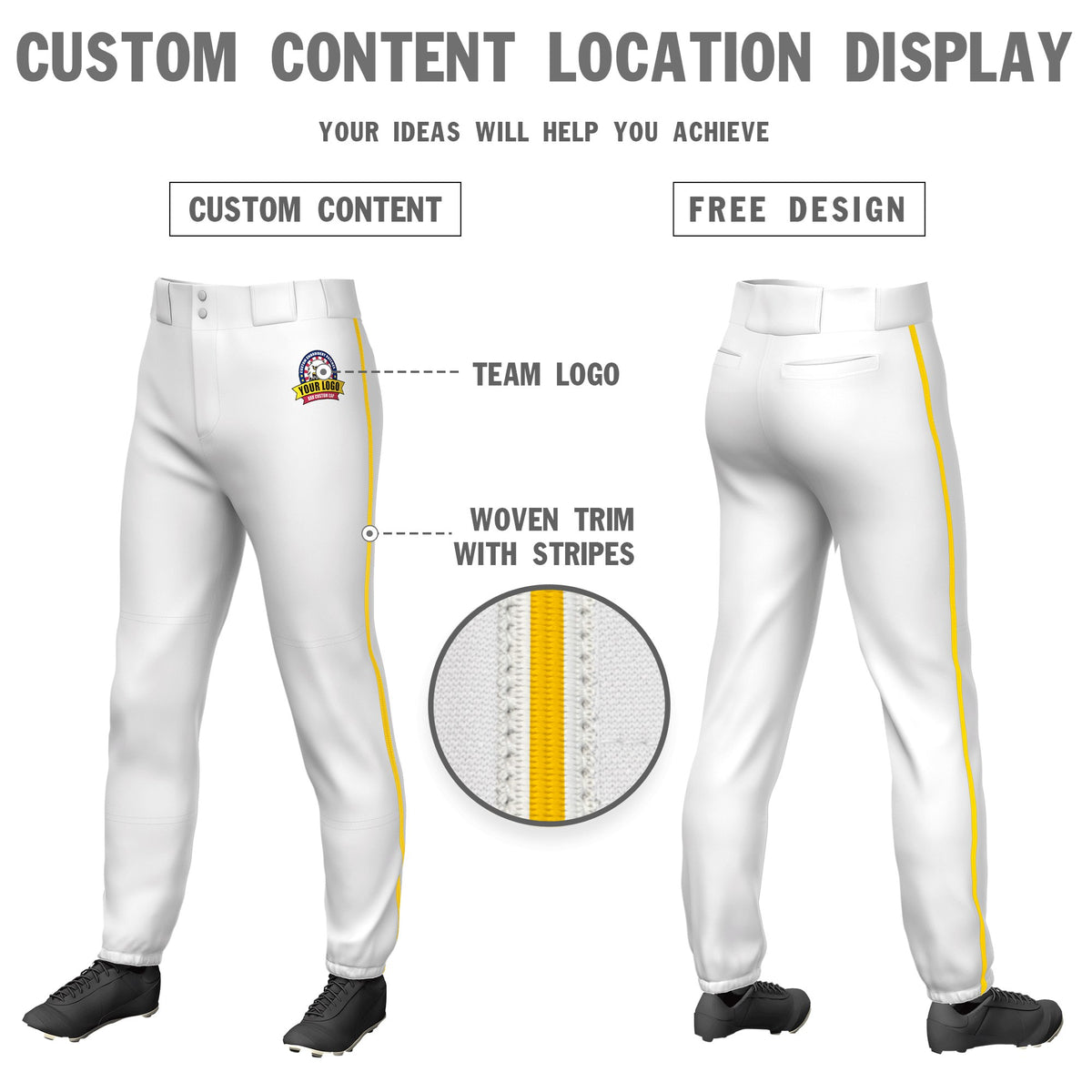 Custom White Gold01 Classic Fit Stretch Practice Pull-up Baseball Pants
