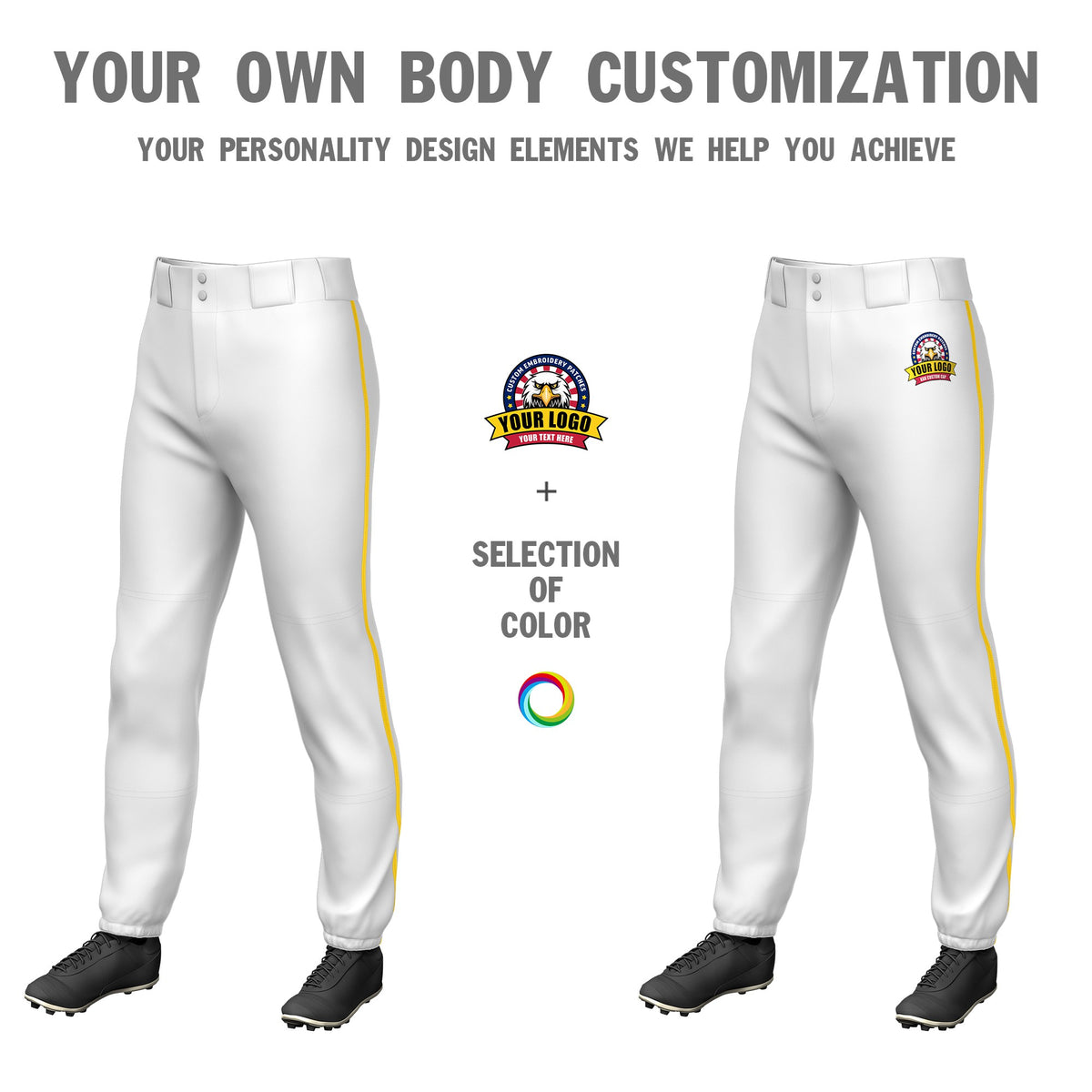 Custom White Gold01 Classic Fit Stretch Practice Pull-up Baseball Pants