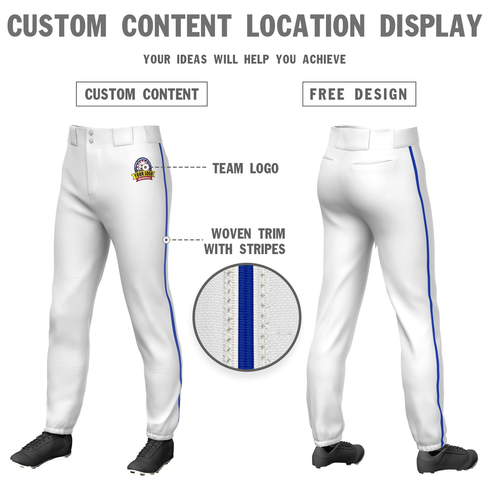 Custom White Royal Blue Classic Fit Stretch Practice Pull-up Baseball Pants